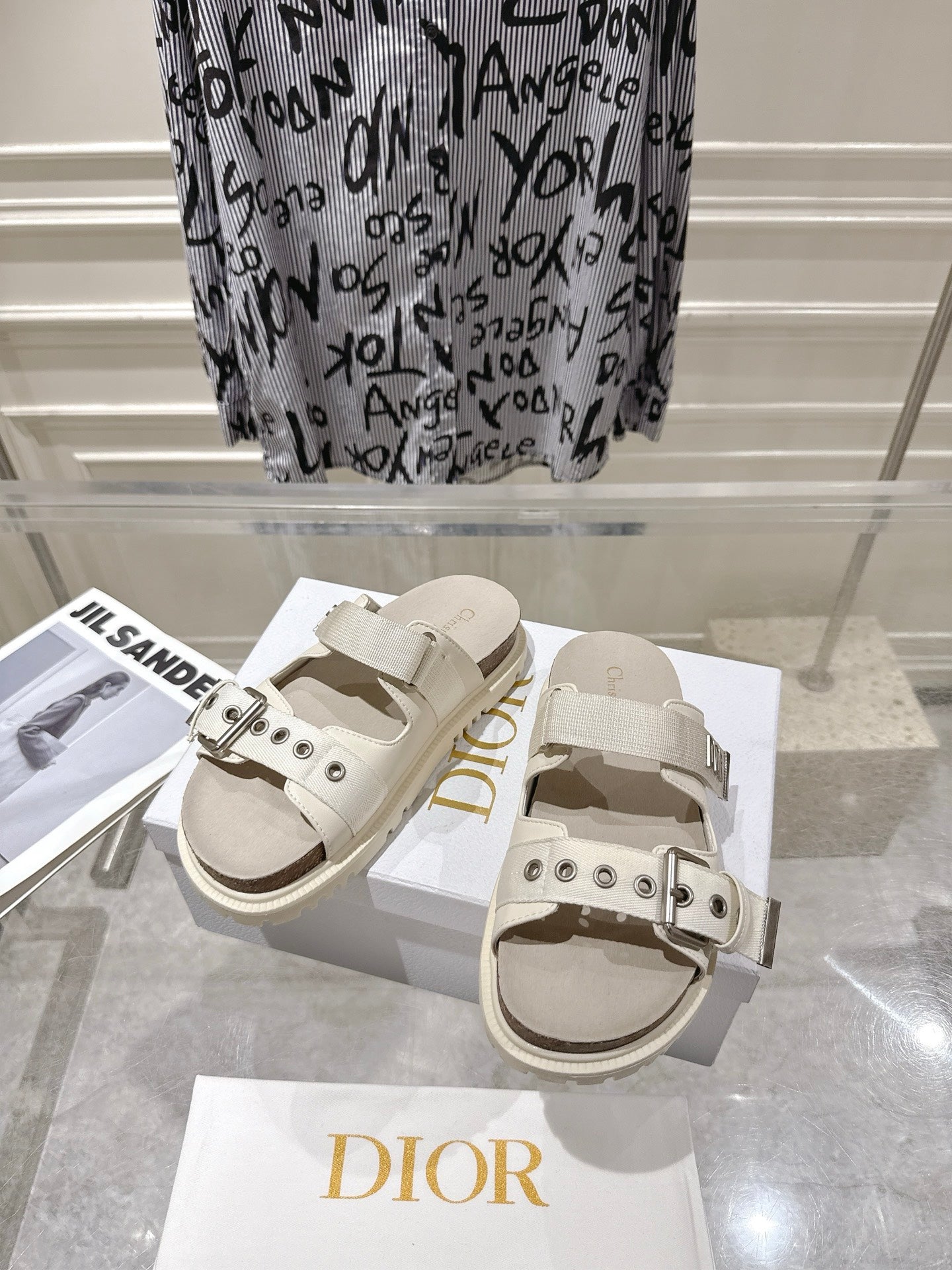 CD 26s Double-Strap Slide Sandals Cream Calfskin 919010