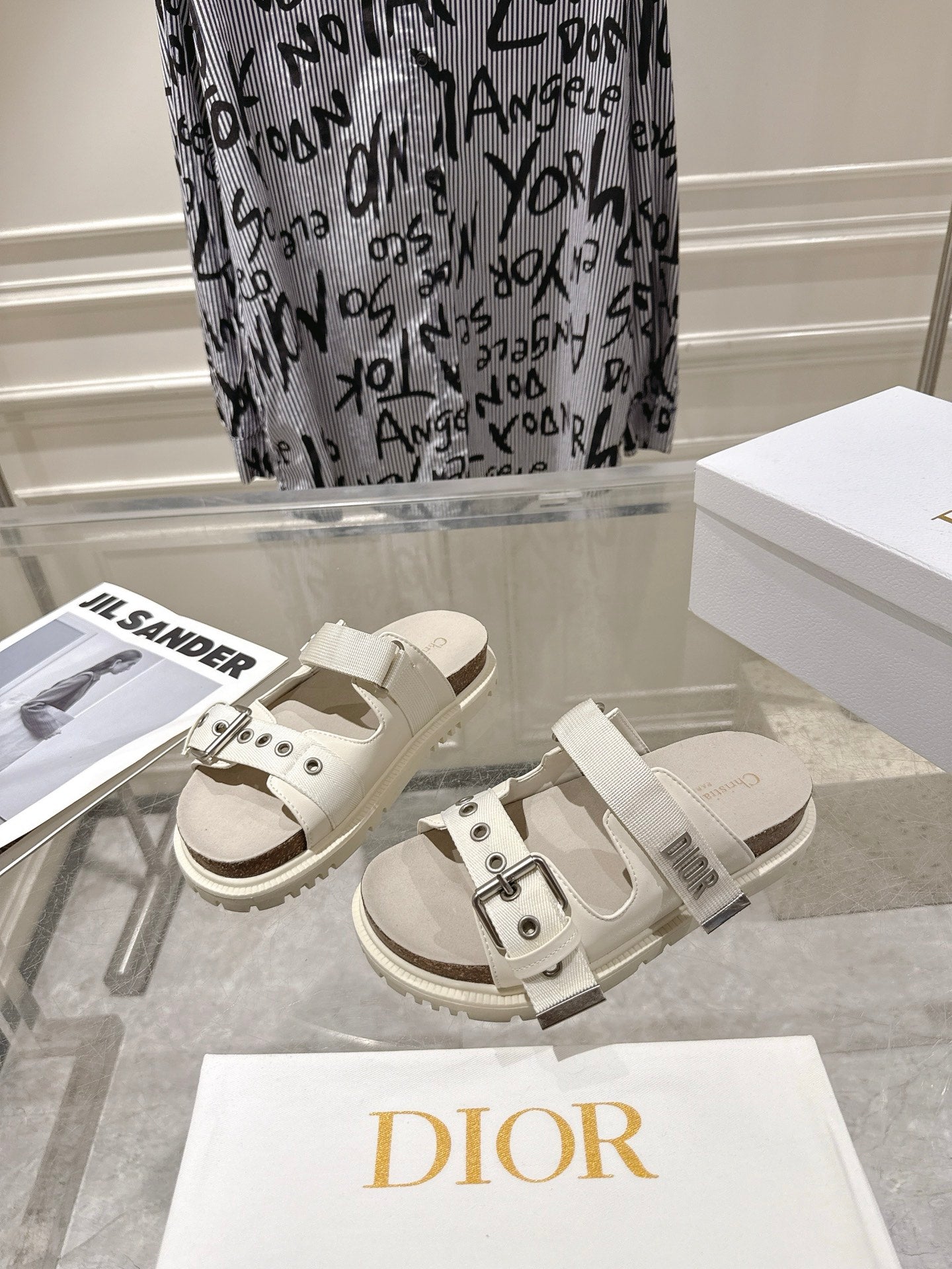 CD 26s Double-Strap Slide Sandals Cream Calfskin 919010