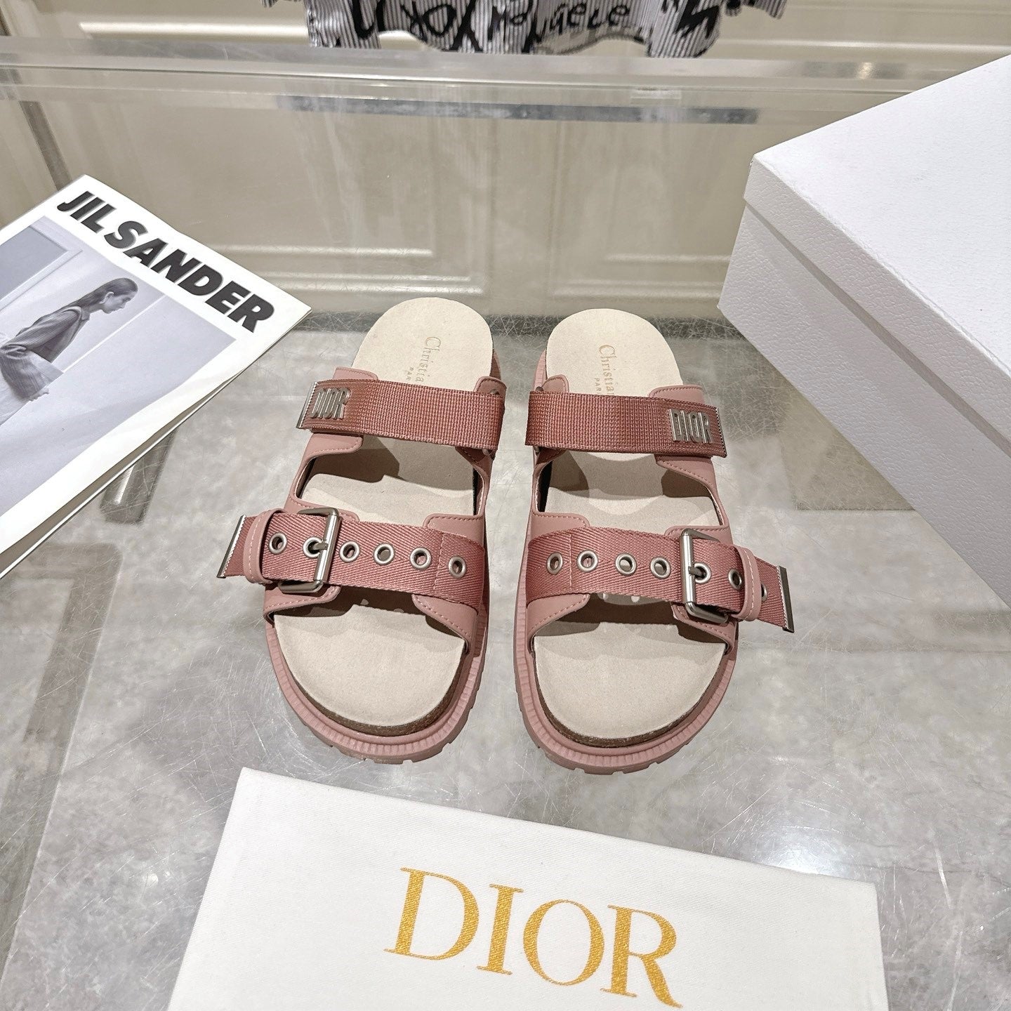 CD 26s Double-Strap Slide Sandals Pink Calfskin 919014