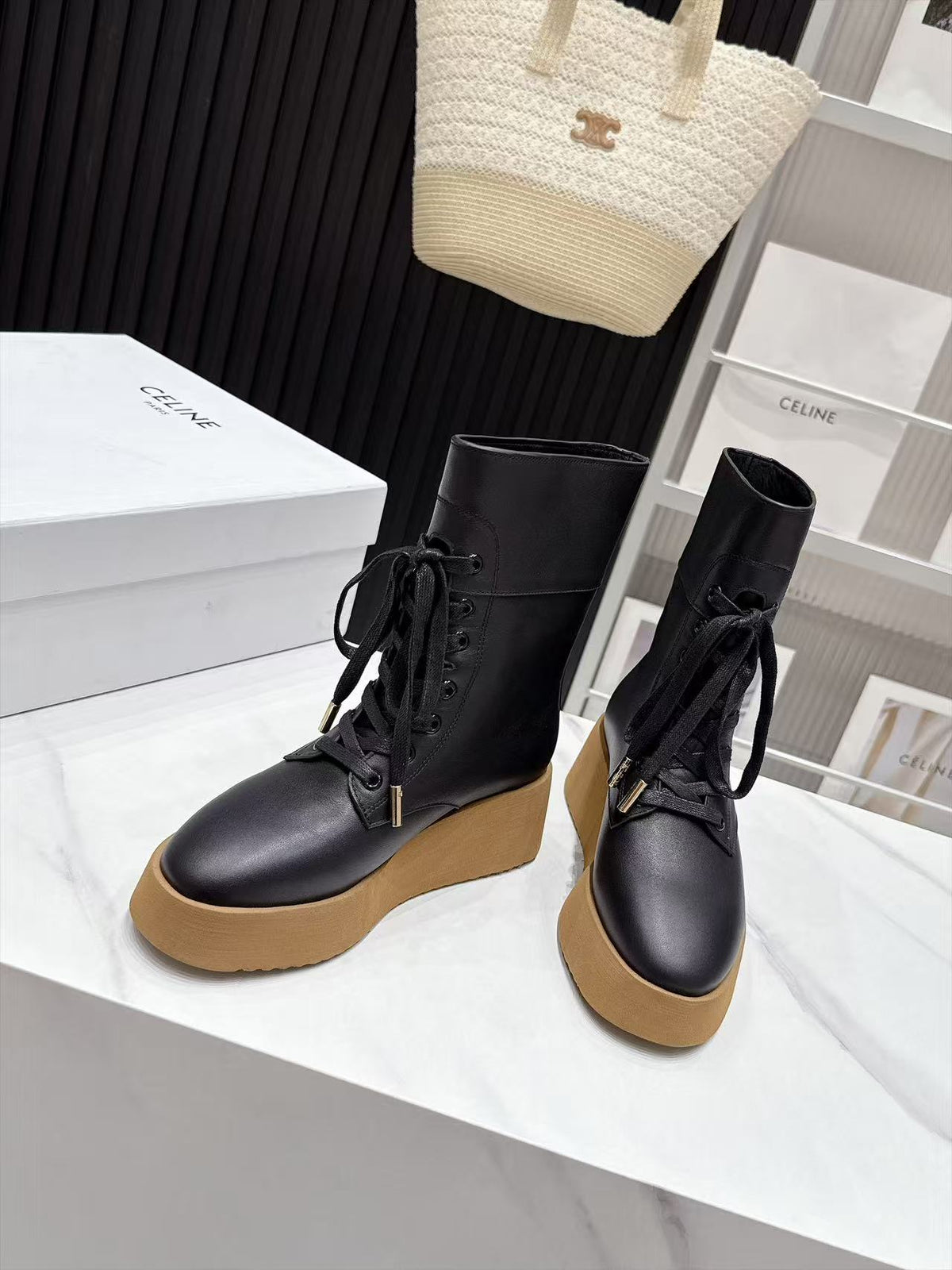 CE 26s Wedge Combat Boots 5cm Black Gum Leather 131453