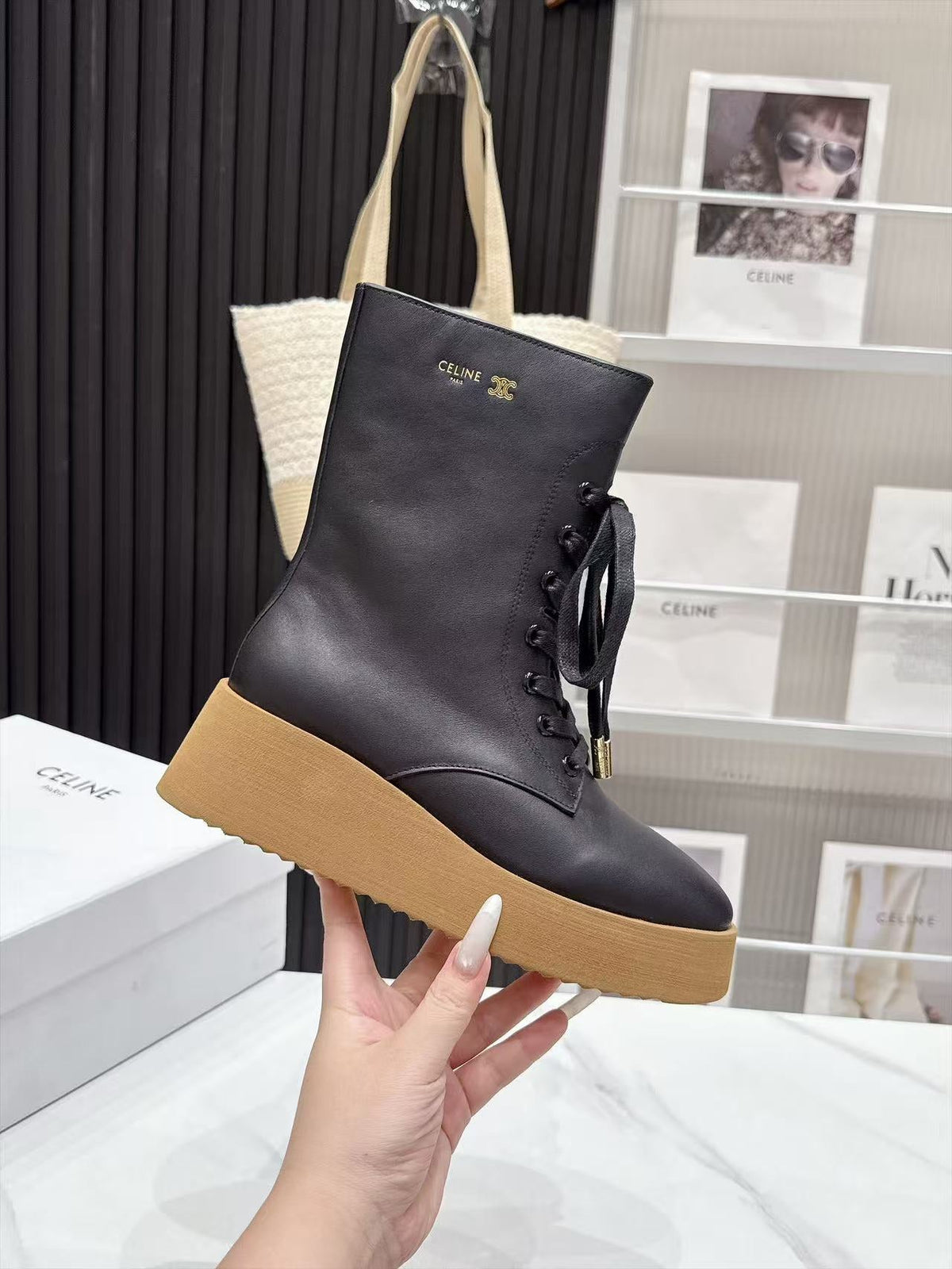 CE 26s Wedge Combat Boots 5cm Black Gum Leather 131453
