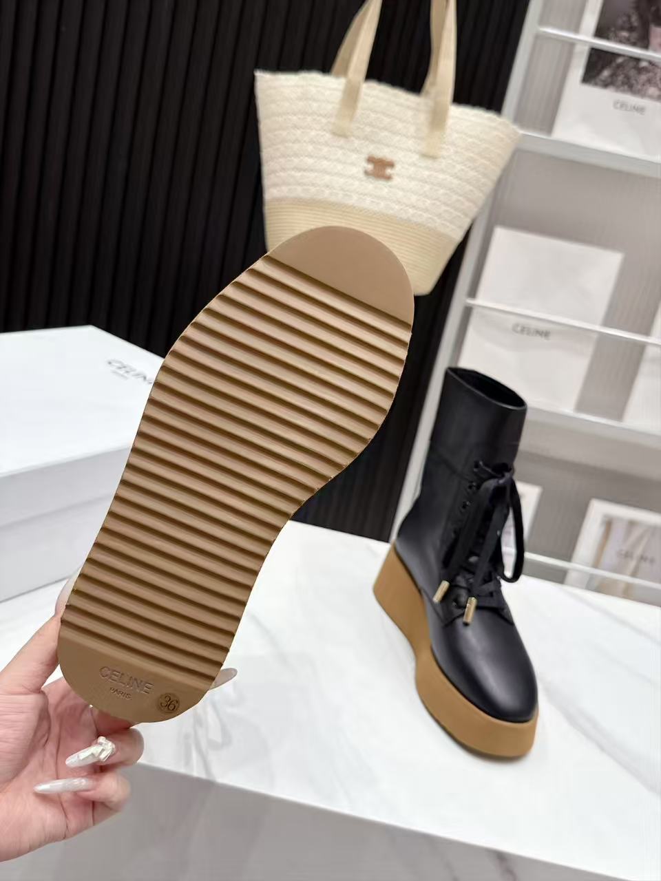 CE 26s Wedge Combat Boots 5cm Black Gum Leather 131453