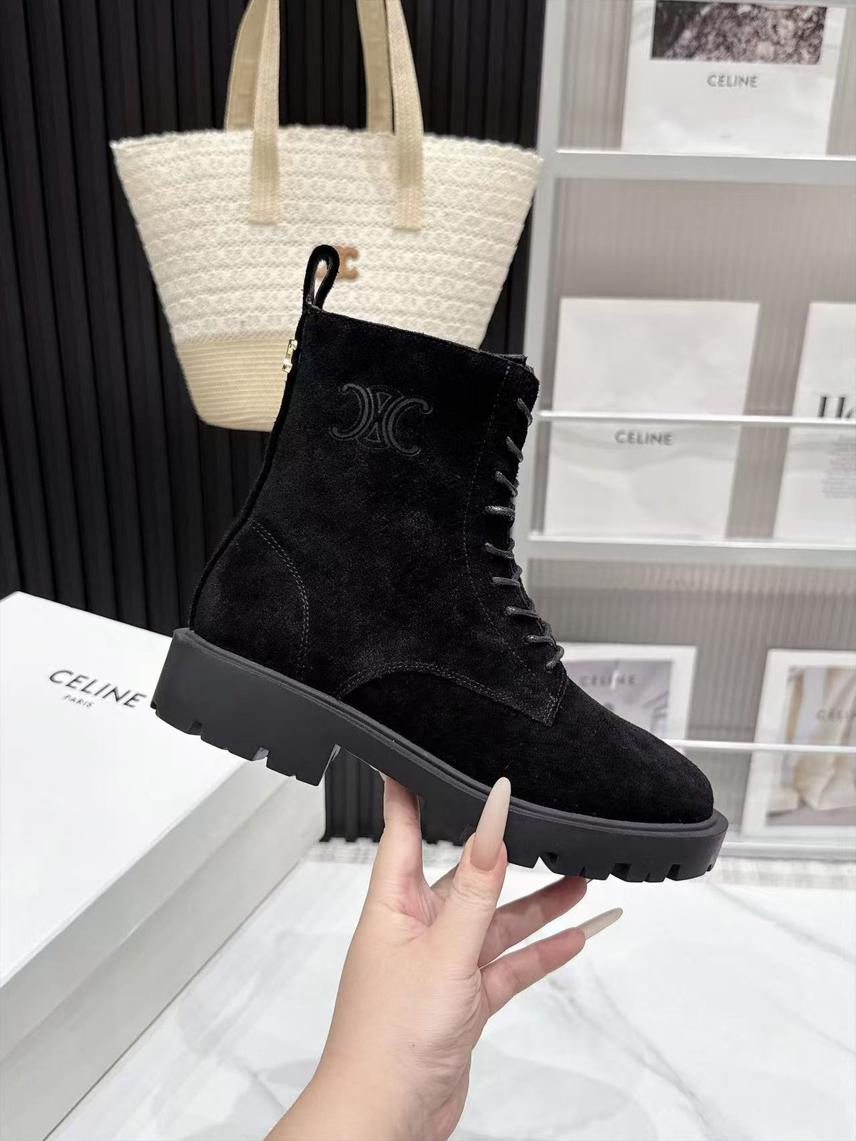 CE 26s Margaret Combat Boots 3.5cm Black Suede 147660