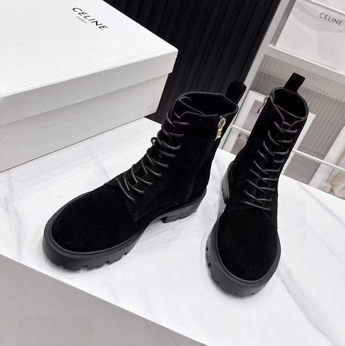 CE 26s Margaret Combat Boots 3.5cm Black Suede 147660