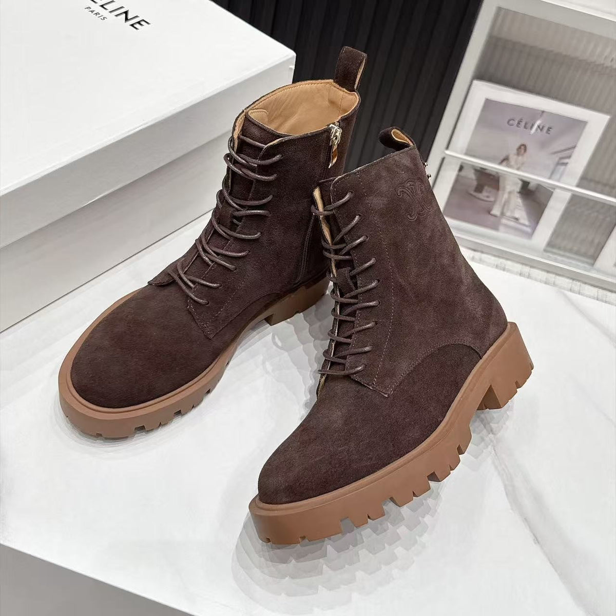 CE 26s Margaret Combat Boots 3.5cm Dark Brown Suede 147661