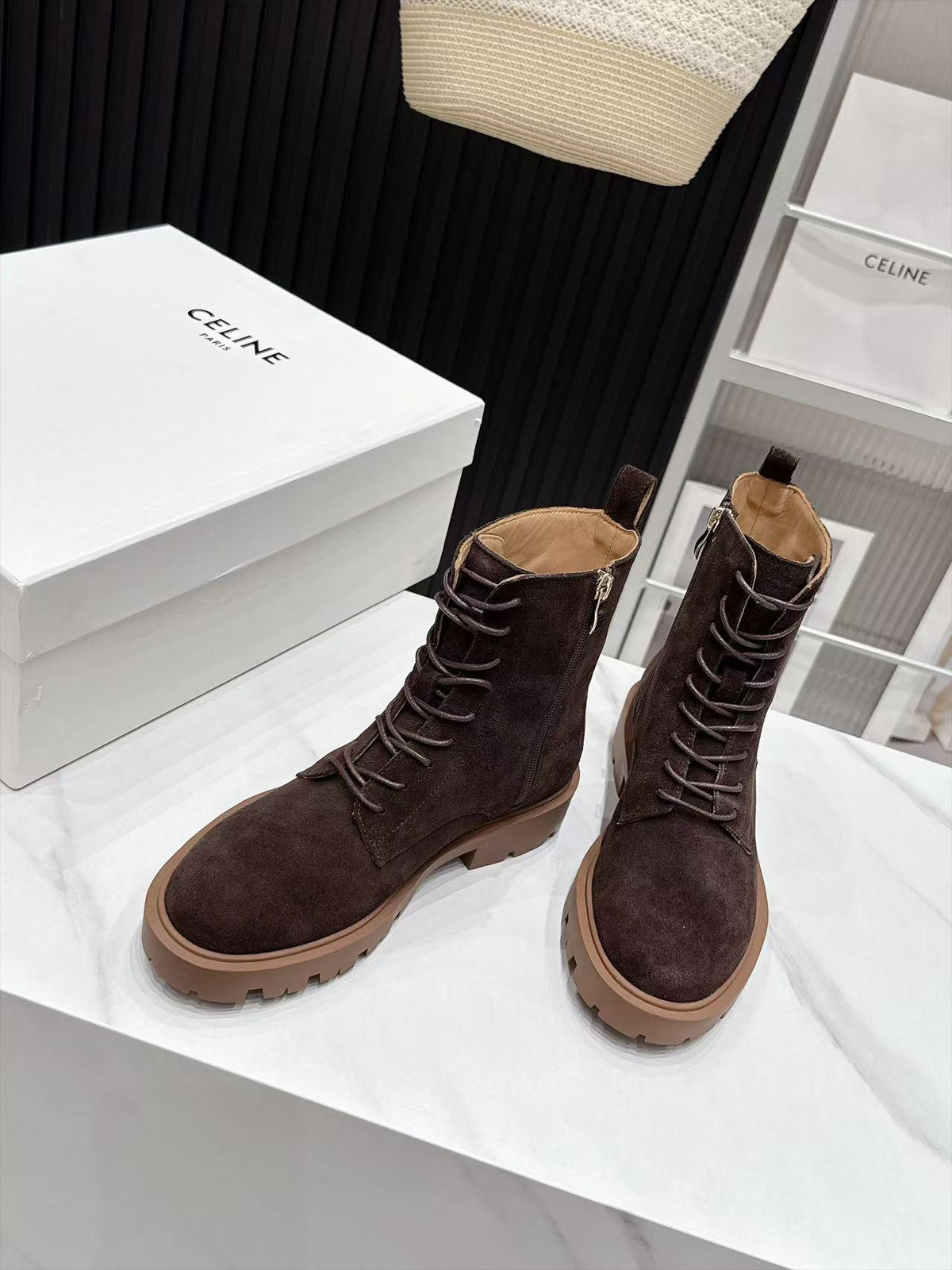 CE 26s Margaret Combat Boots 3.5cm Dark Brown Suede 147661