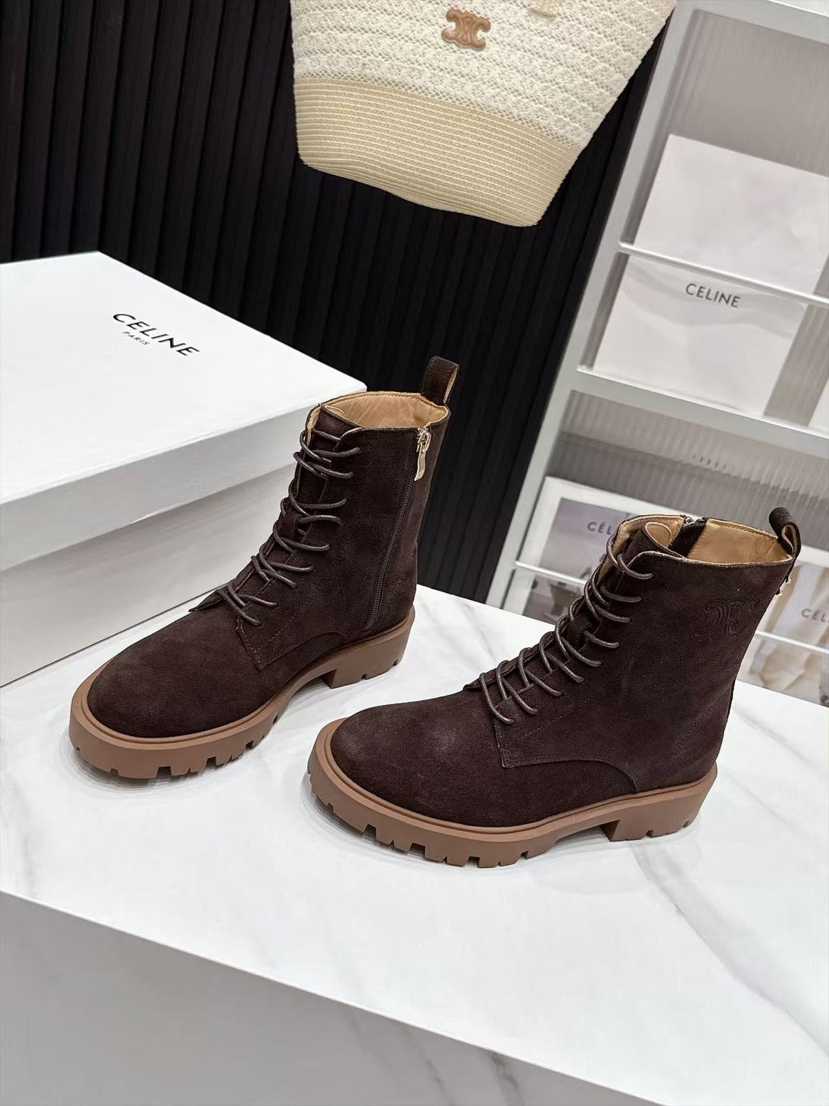 CE 26s Margaret Combat Boots 3.5cm Dark Brown Suede 147661