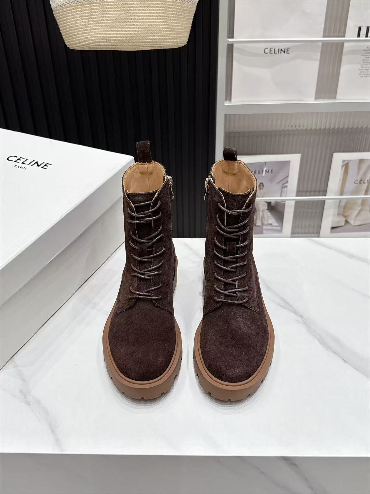 CE 26s Margaret Combat Boots 3.5cm Dark Brown Suede 147661