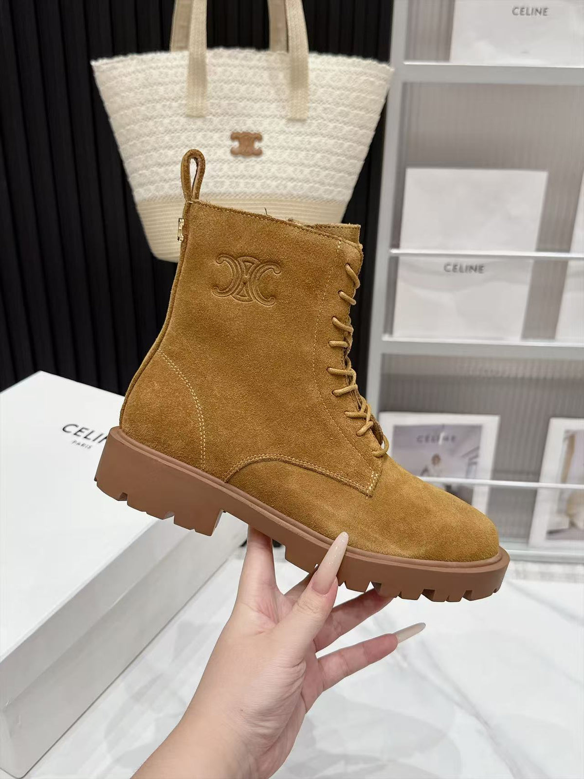 CE 26s Margaret Combat Boots 3.5cm Tan Suede 147662