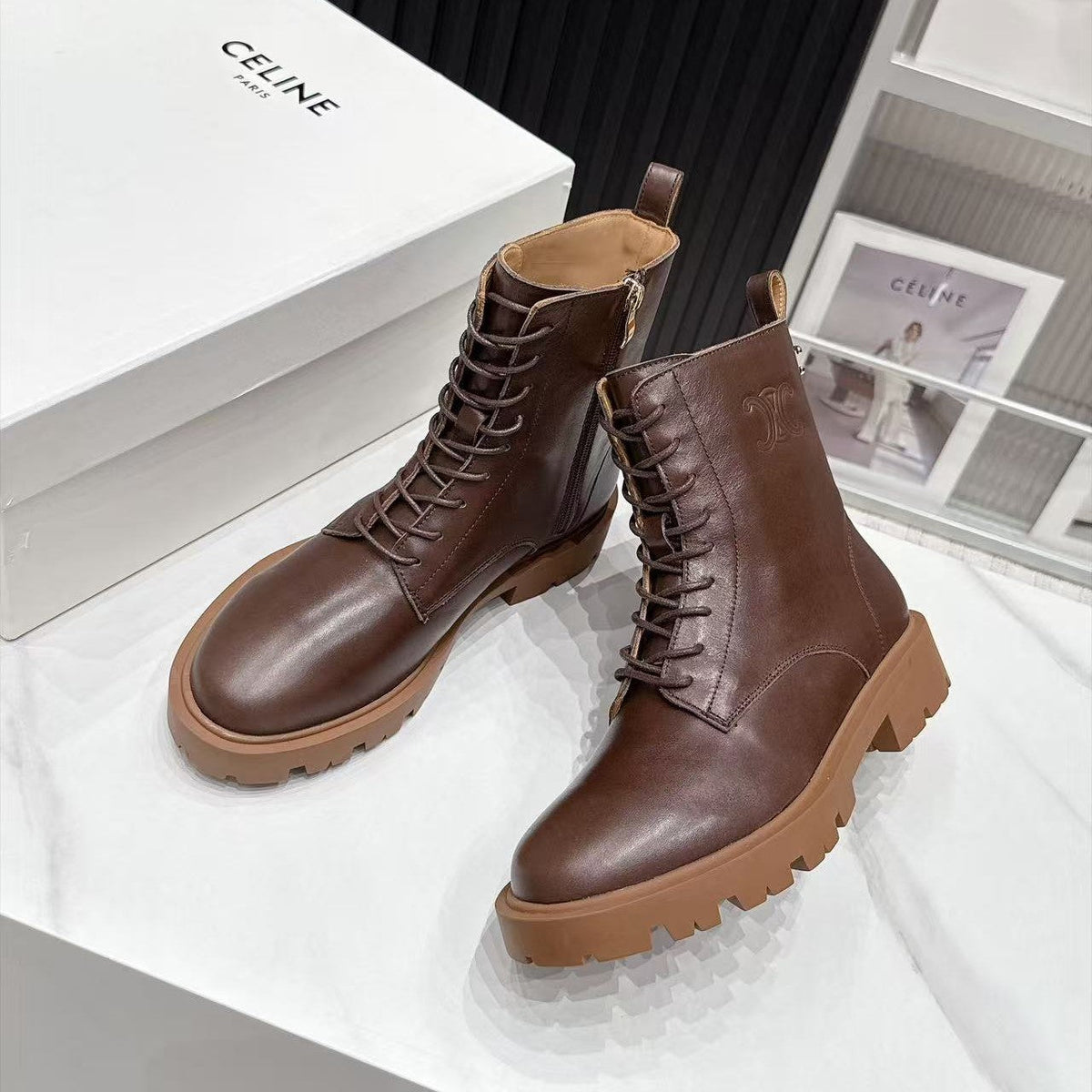 CE 26s Margaret Combat Boots 3.5cm Brown Leather 147663