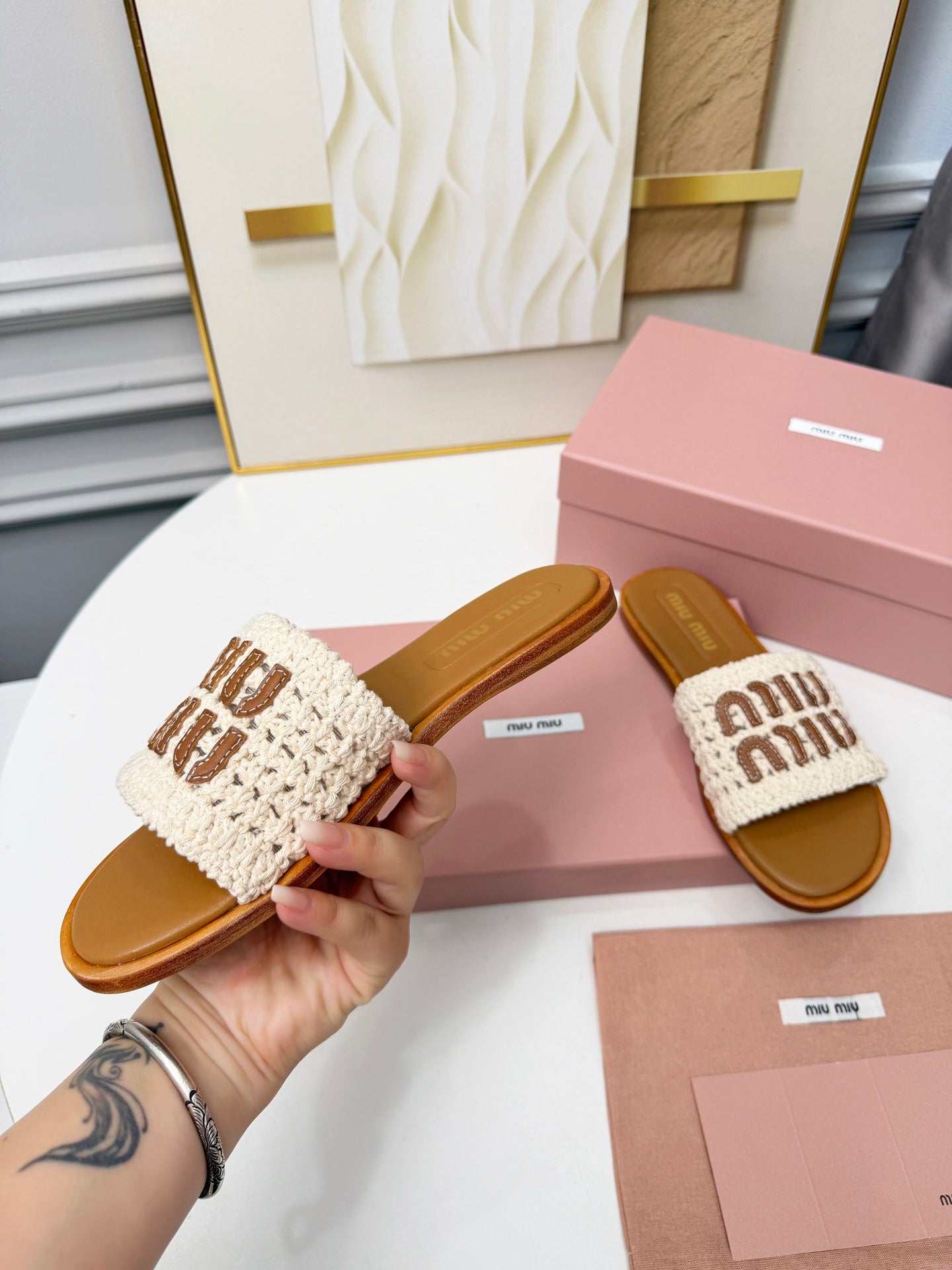 Miu Logo-Patch Slides Brown White Leather Woven 935772