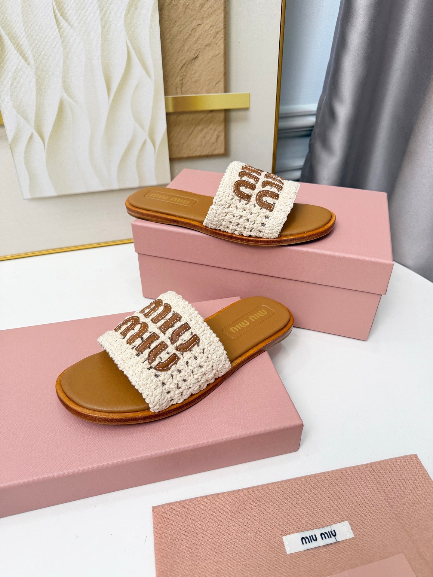 Miu Logo-Patch Slides Brown White Leather Woven 935772
