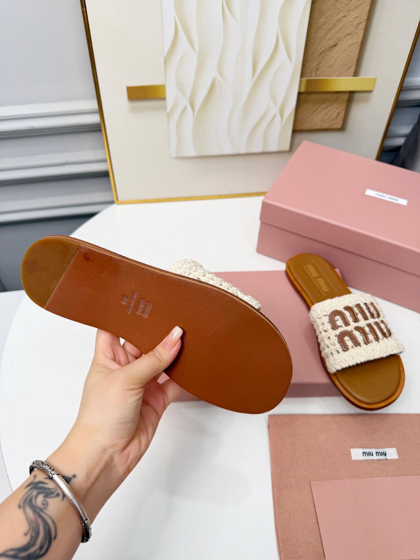 Miu Logo-Patch Slides Brown White Leather Woven 935772