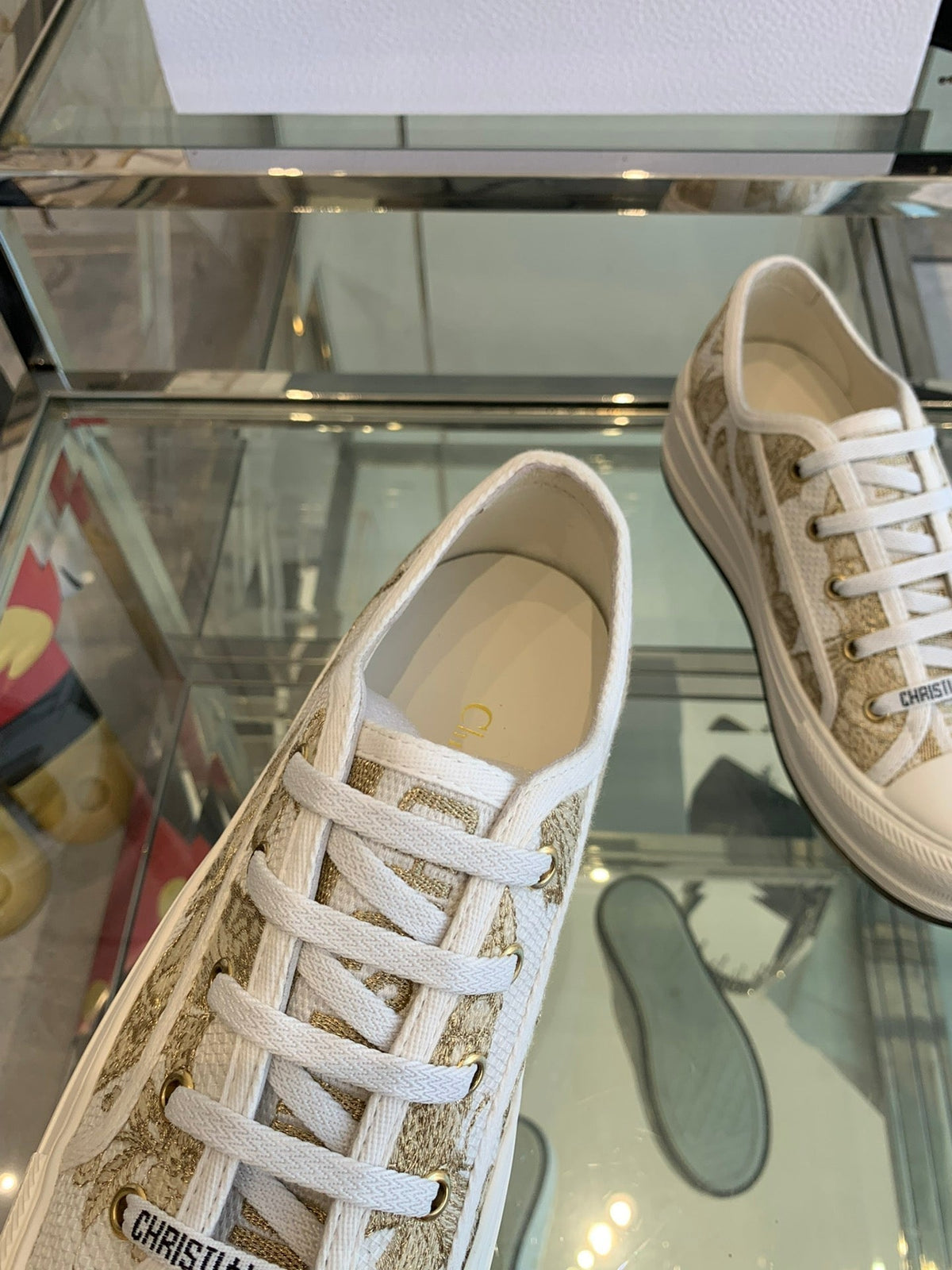 CD Walk'n Platform Sneaker In White-Gold Tone Embroidered Fabric