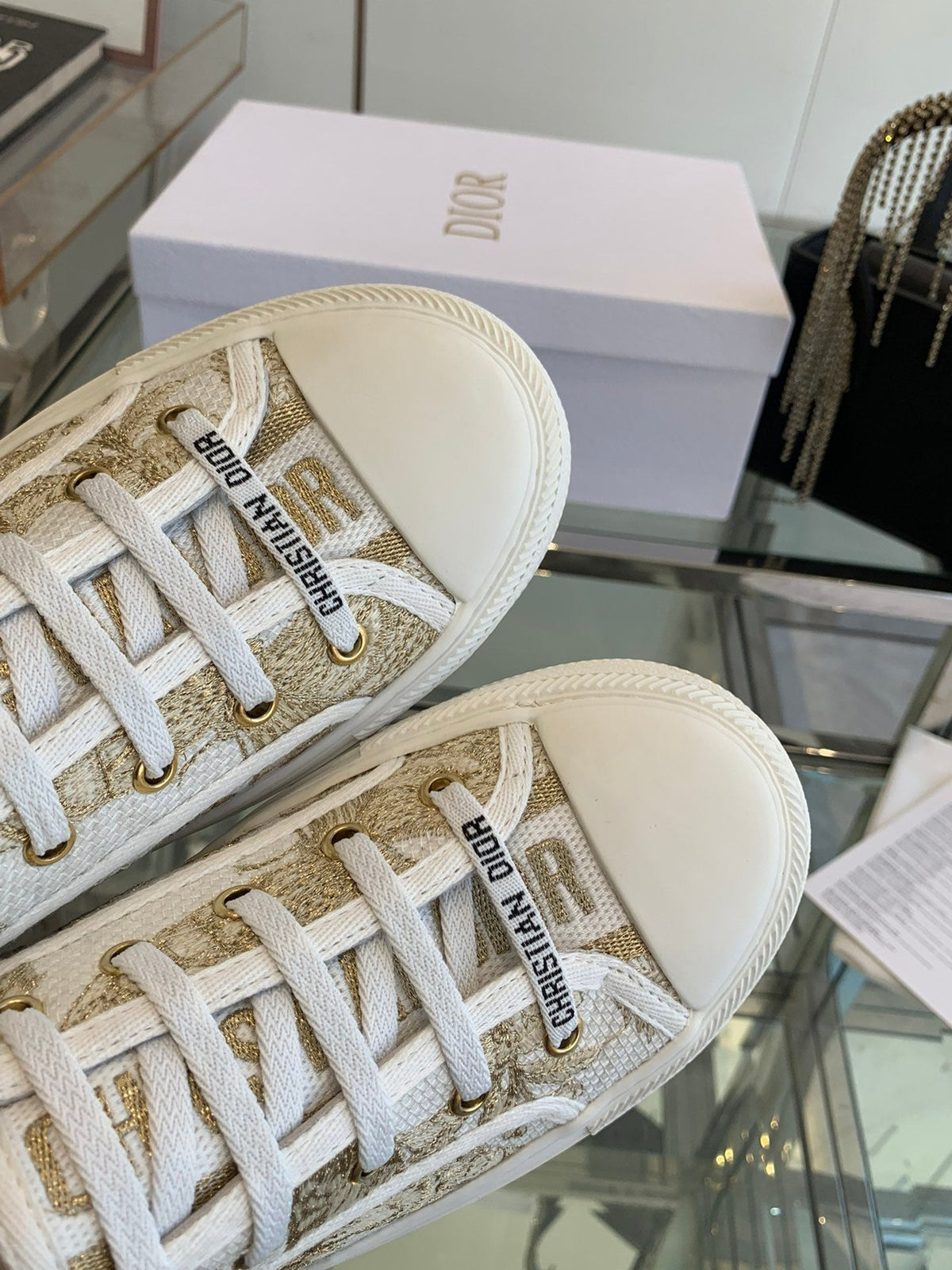 CD Walk'n Platform Sneaker In White-Gold Tone Embroidered Fabric