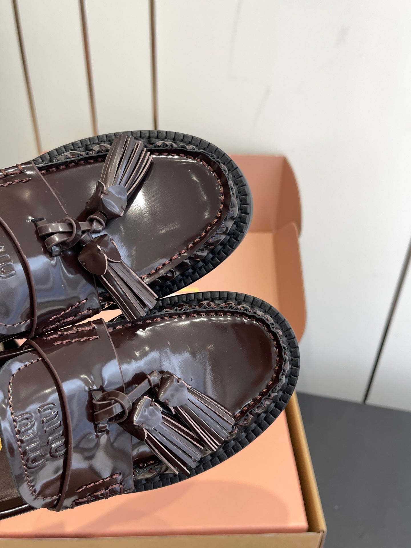 Miu Tassel Loafers Dark Brownish Polished Leather 490952