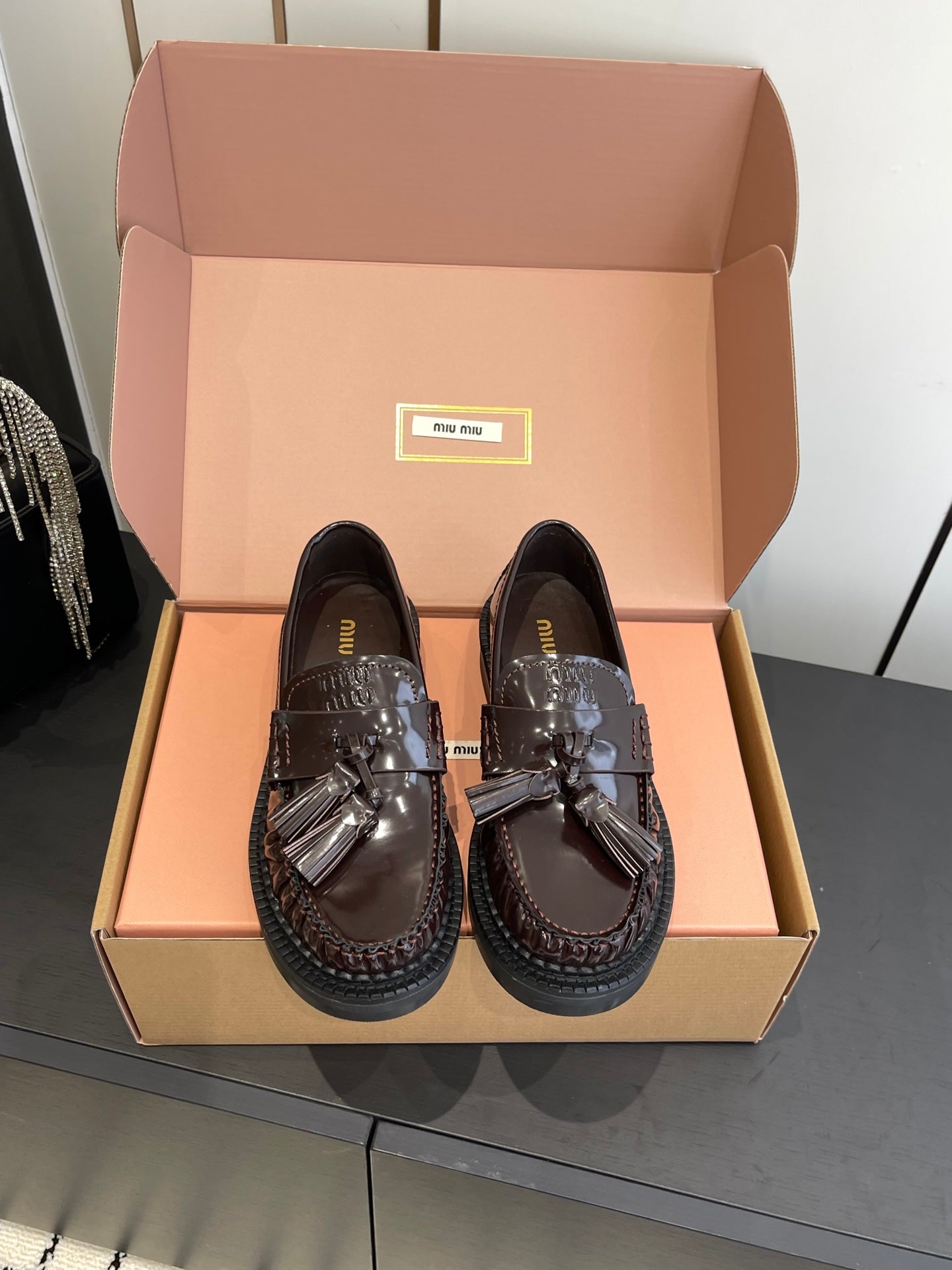 Miu Tassel Loafers Dark Brownish Polished Leather 490952