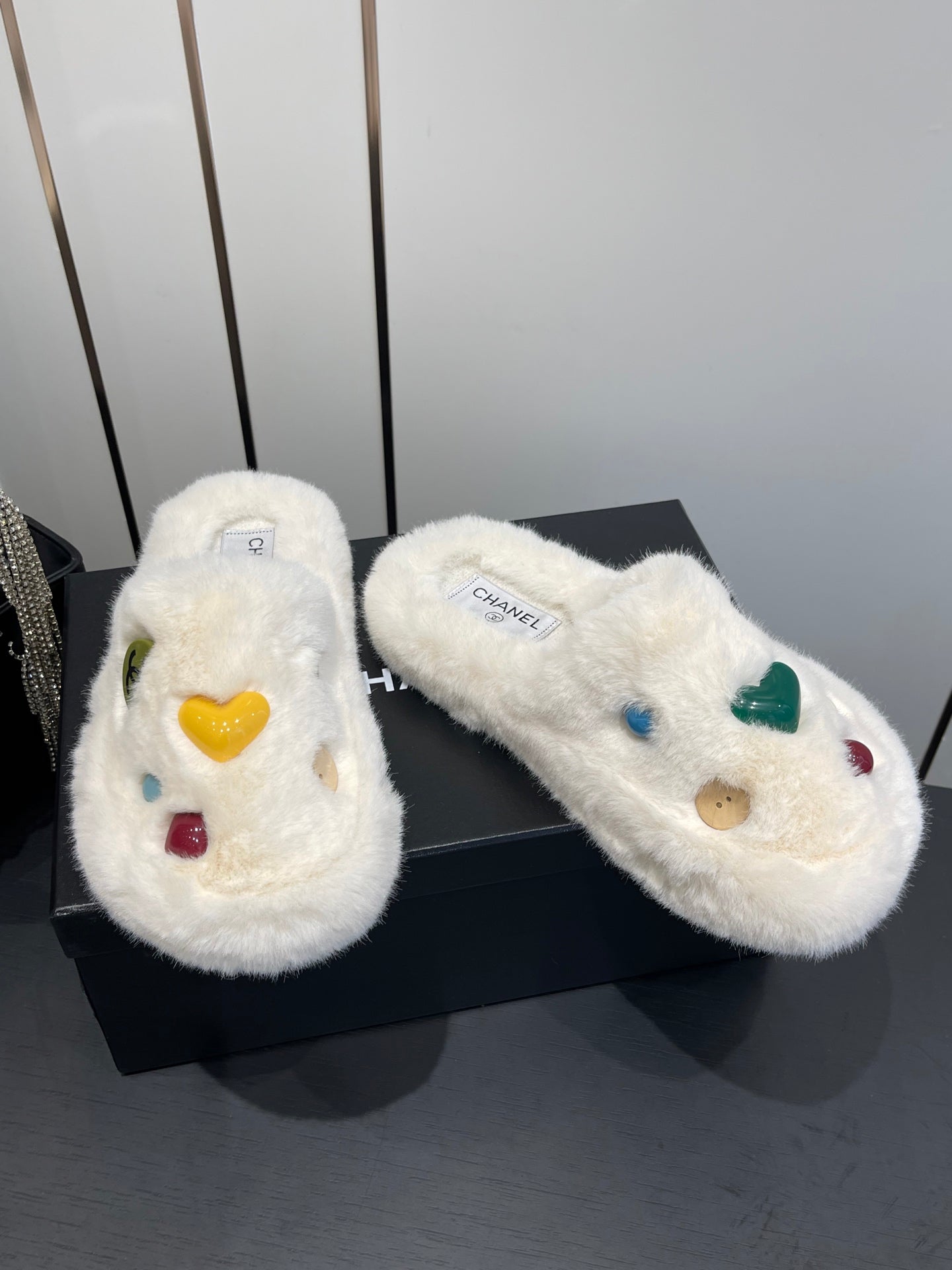 CC Double C Furry Slippers White Fur 554699