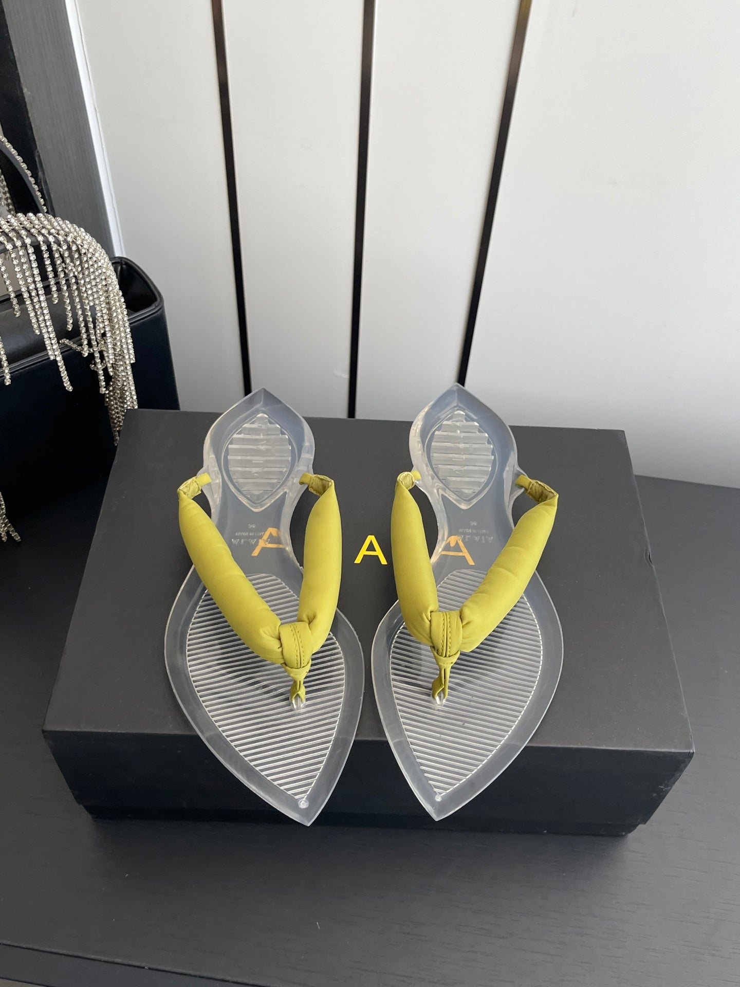 Alaïa Invisible Thong Mules Yellow Satin 740046