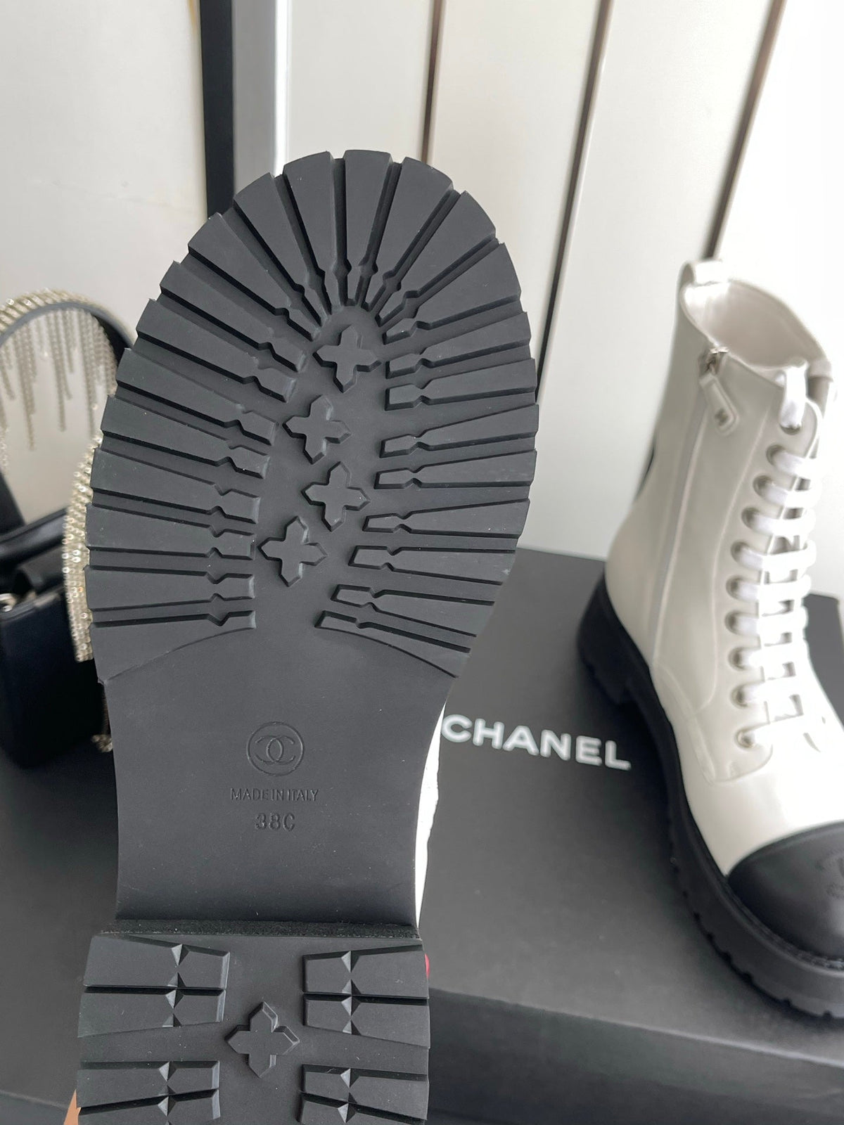 CC 26s Lace Up Combat Boots White Black Leather 110188