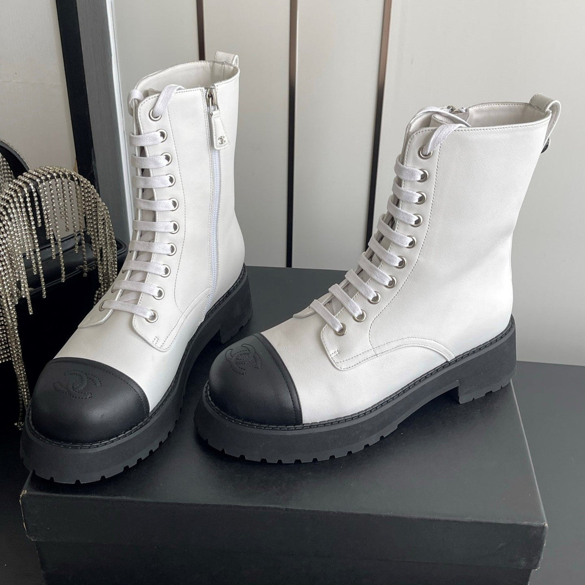 CC 26s Lace Up Combat Boots White Black Leather 110188