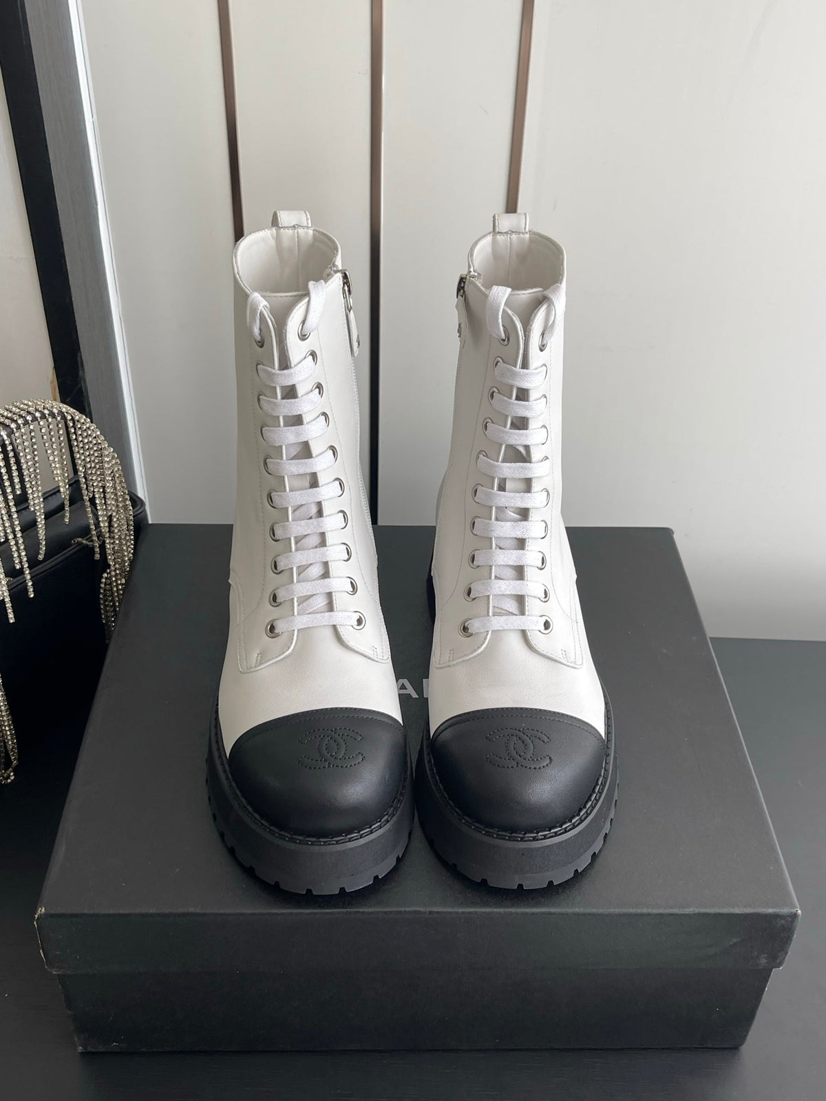 CC 26s Lace Up Combat Boots White Black Leather 110188