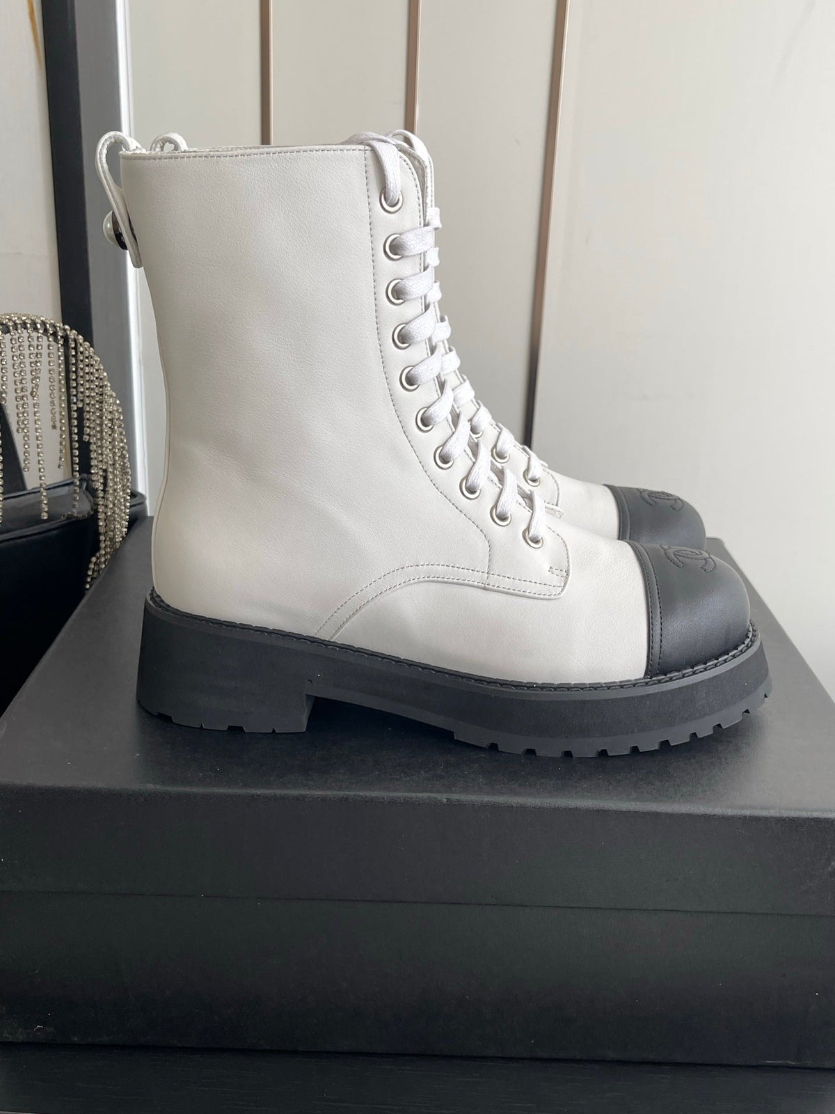 CC 26s Lace Up Combat Boots White Black Leather 110188