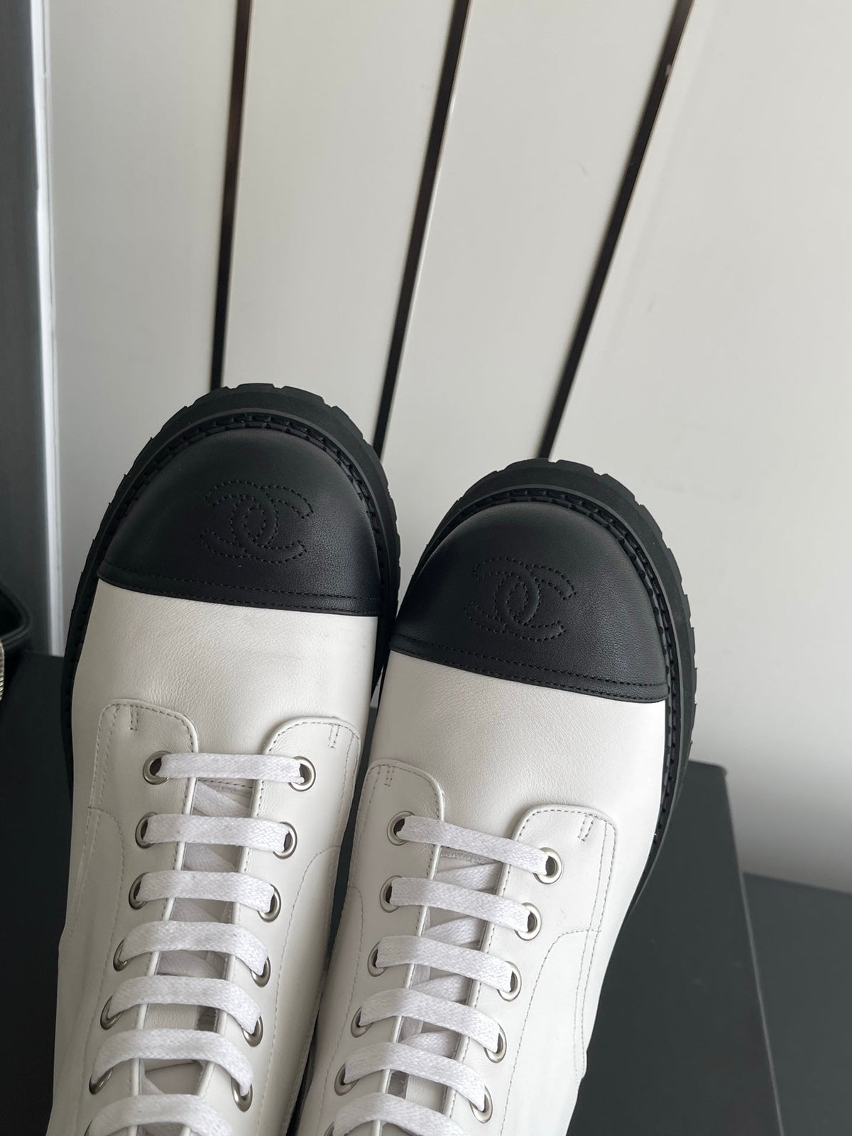 CC 26s Lace Up Combat Boots White Black Leather 110188