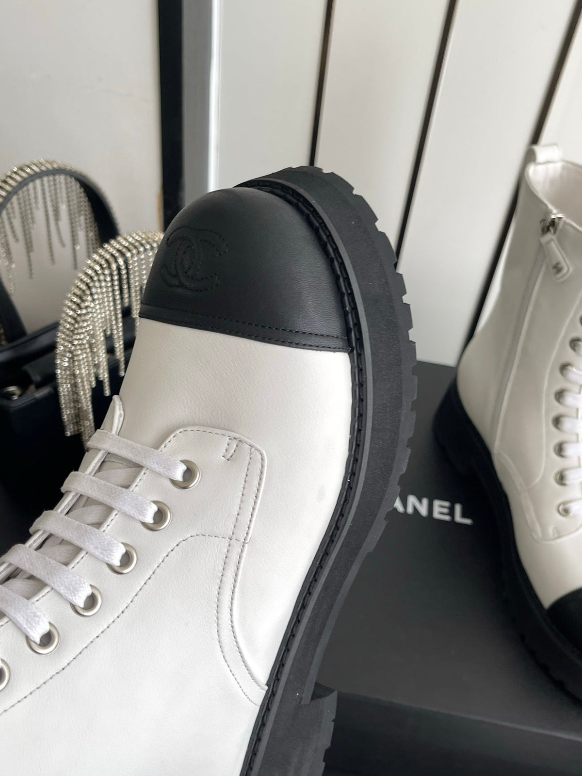 CC 26s Lace Up Combat Boots White Black Leather 110188