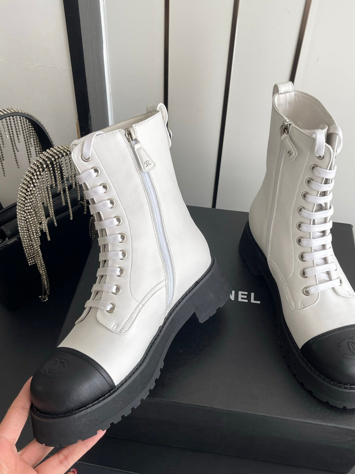 CC 26s Lace Up Combat Boots White Black Leather 110188