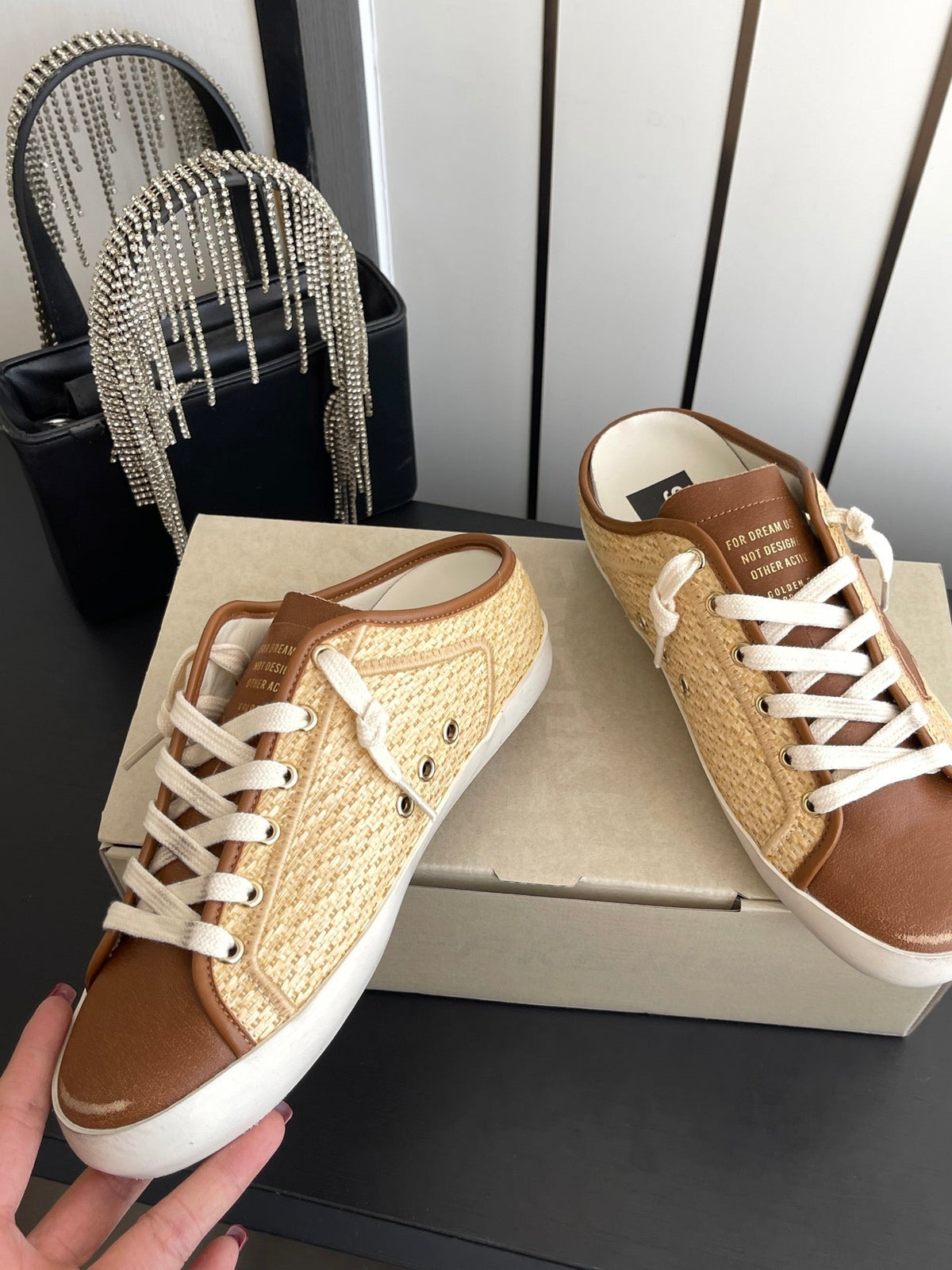 GGDB Mules Flat Brown Raffia Leather 110456