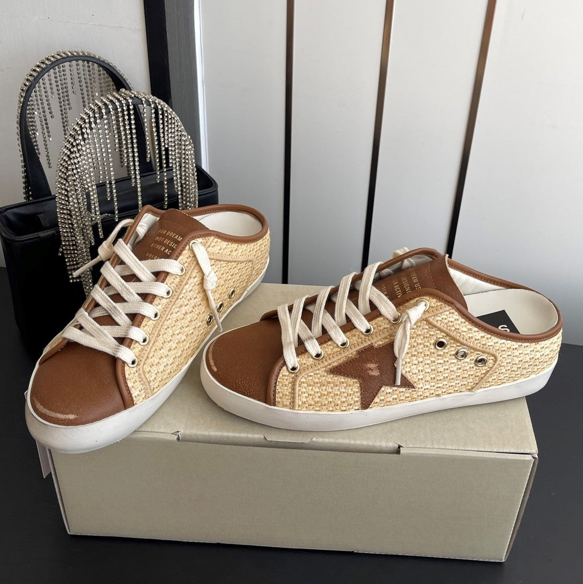 GGDB Mules Flat Brown Raffia Leather 110456