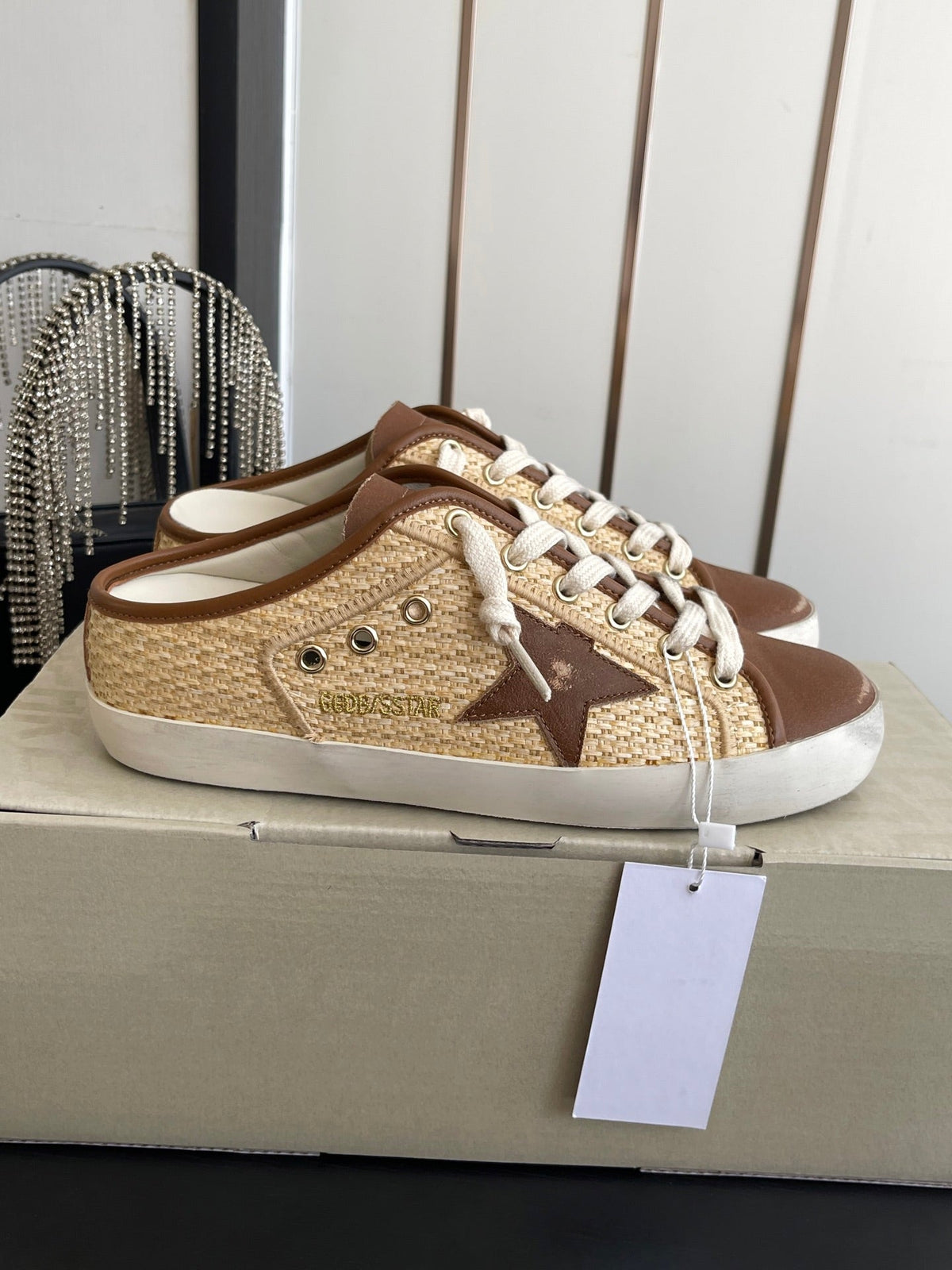 GGDB Mules Flat Brown Raffia Leather 110456