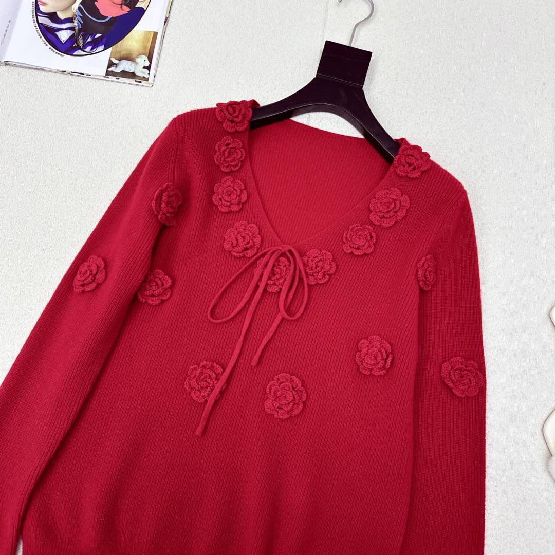 Miu Miu 25 Flower-decorated Knitted Sweater Red Wool