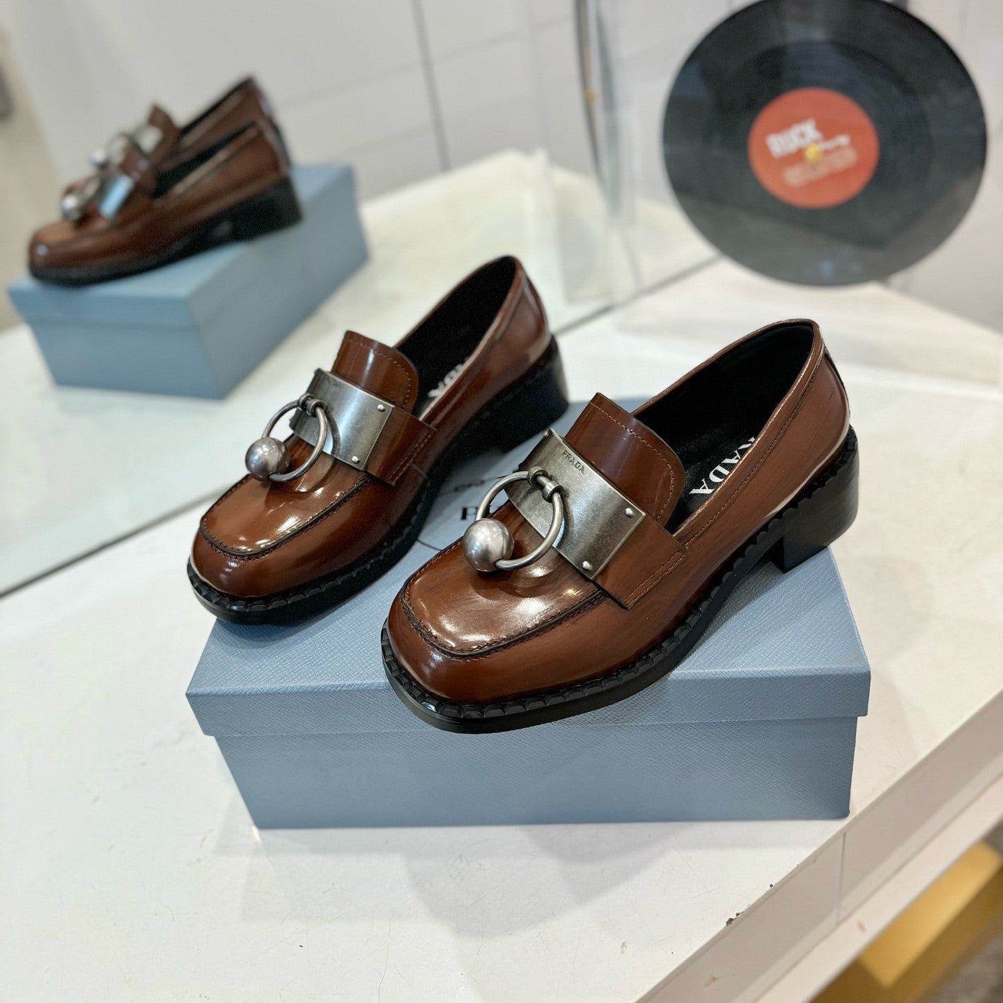Prada 26s Ball Chain Loafers Brown Brushed Leather 941514