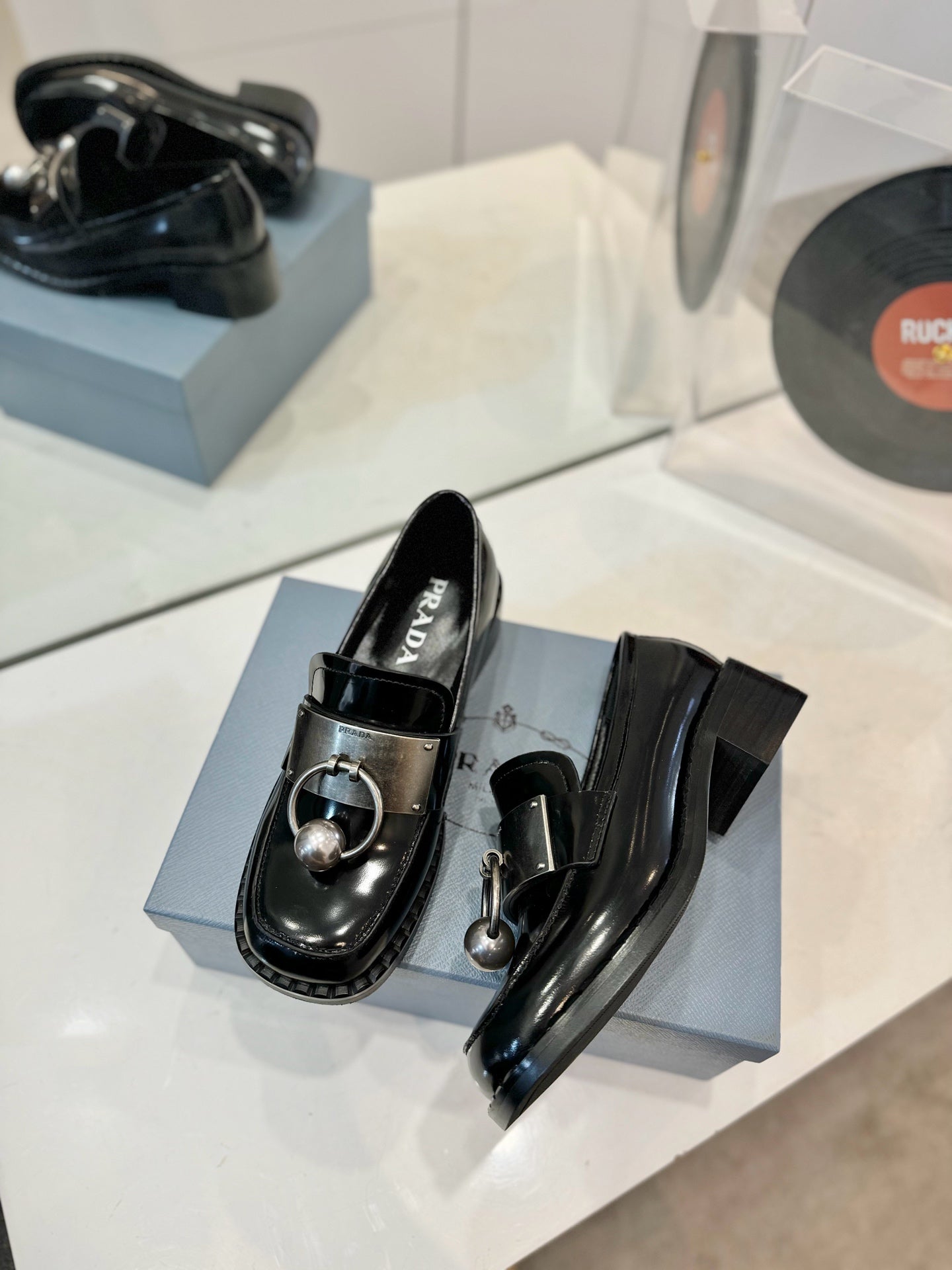 Prada 26s Ball Chain Loafers Black Brushed Leather 941515