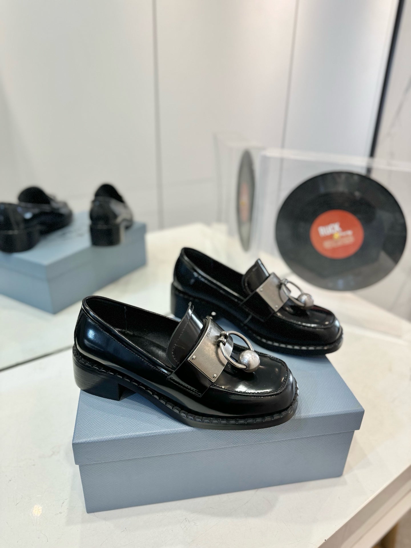 Prada 26s Ball Chain Loafers Black Brushed Leather 941515