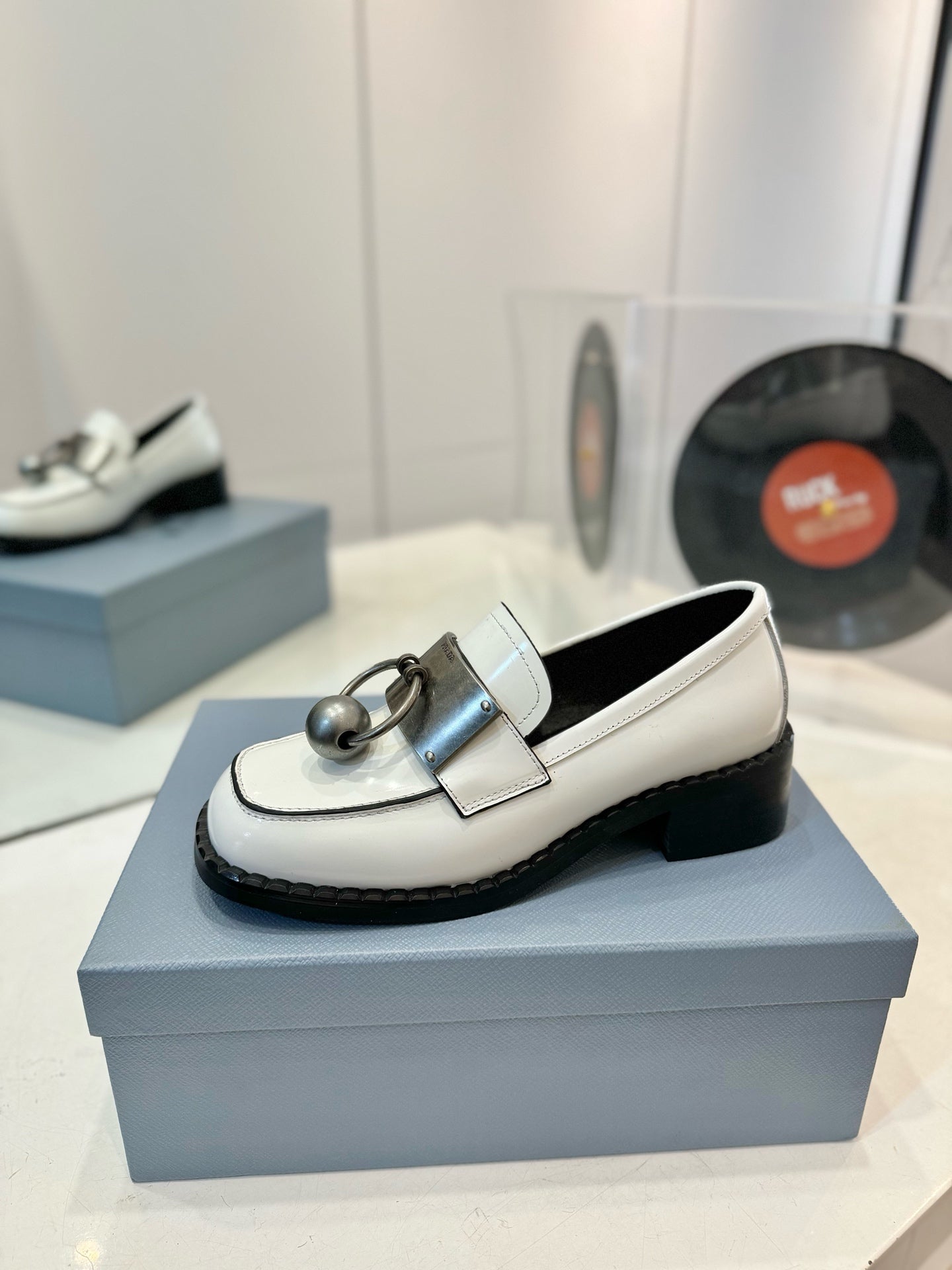 Prada 26s Ball Chain Loafers White Brushed Leather 941516