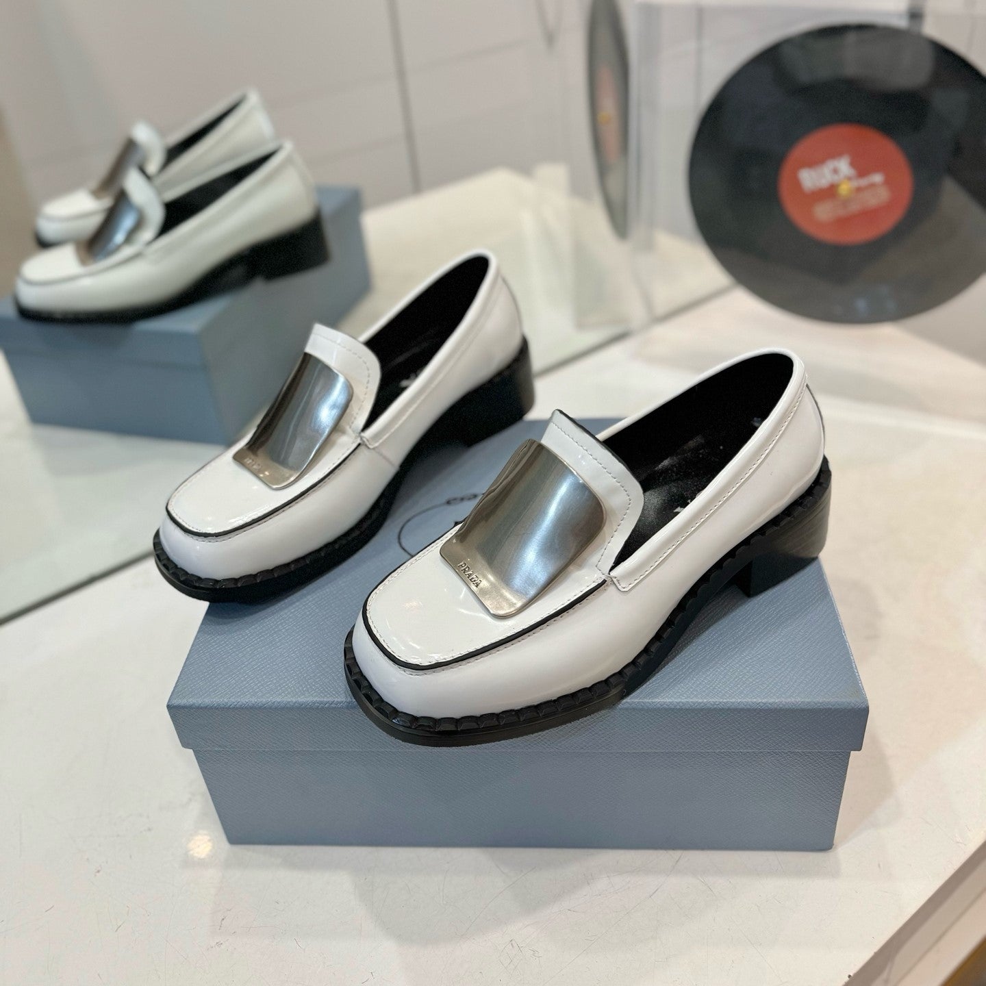 Prada 26s Metal Plate Loafers White Brushed Leather 941512