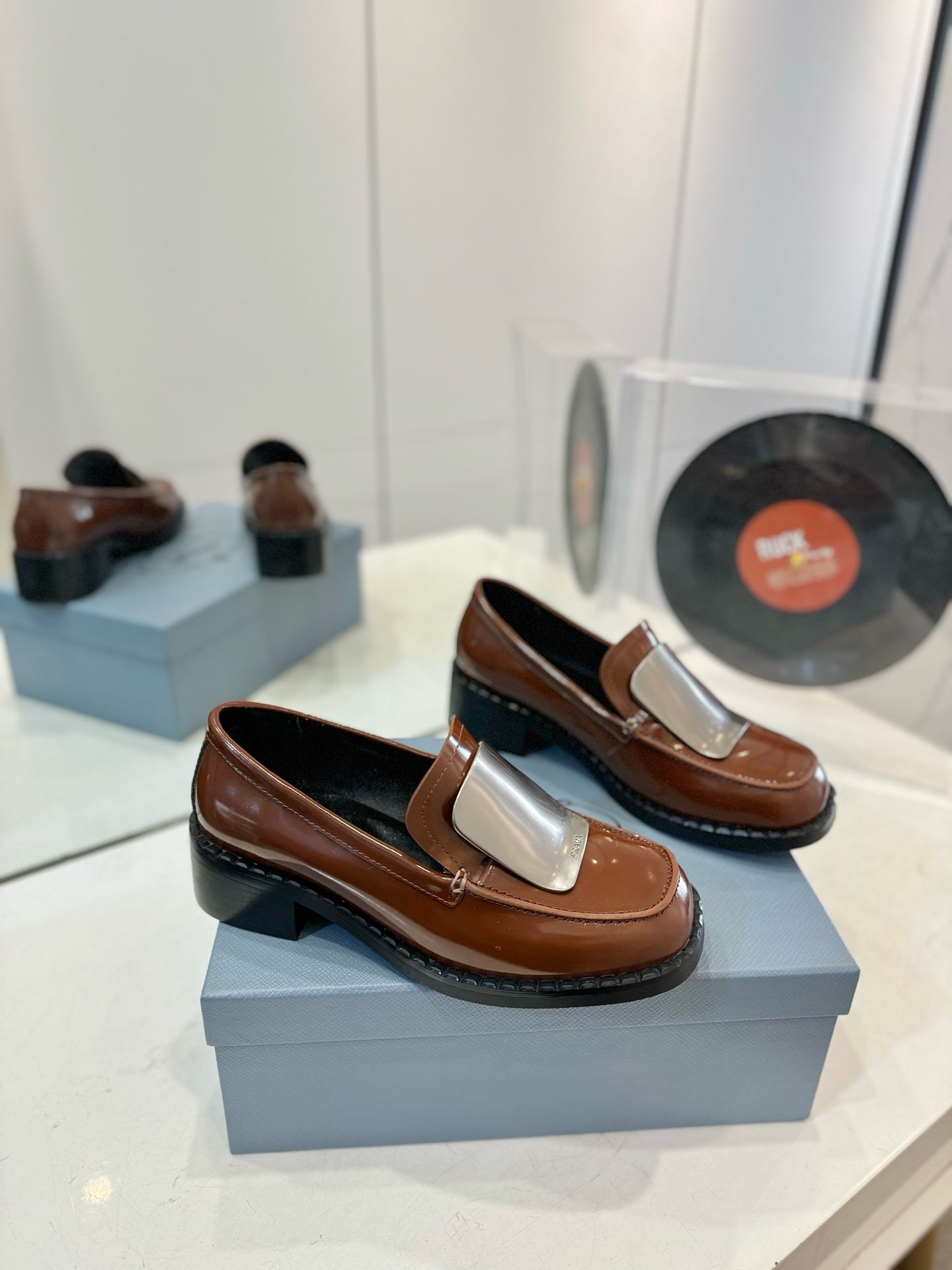 Prada 26s Metal Plate Loafers Brown Brushed Leather 941511