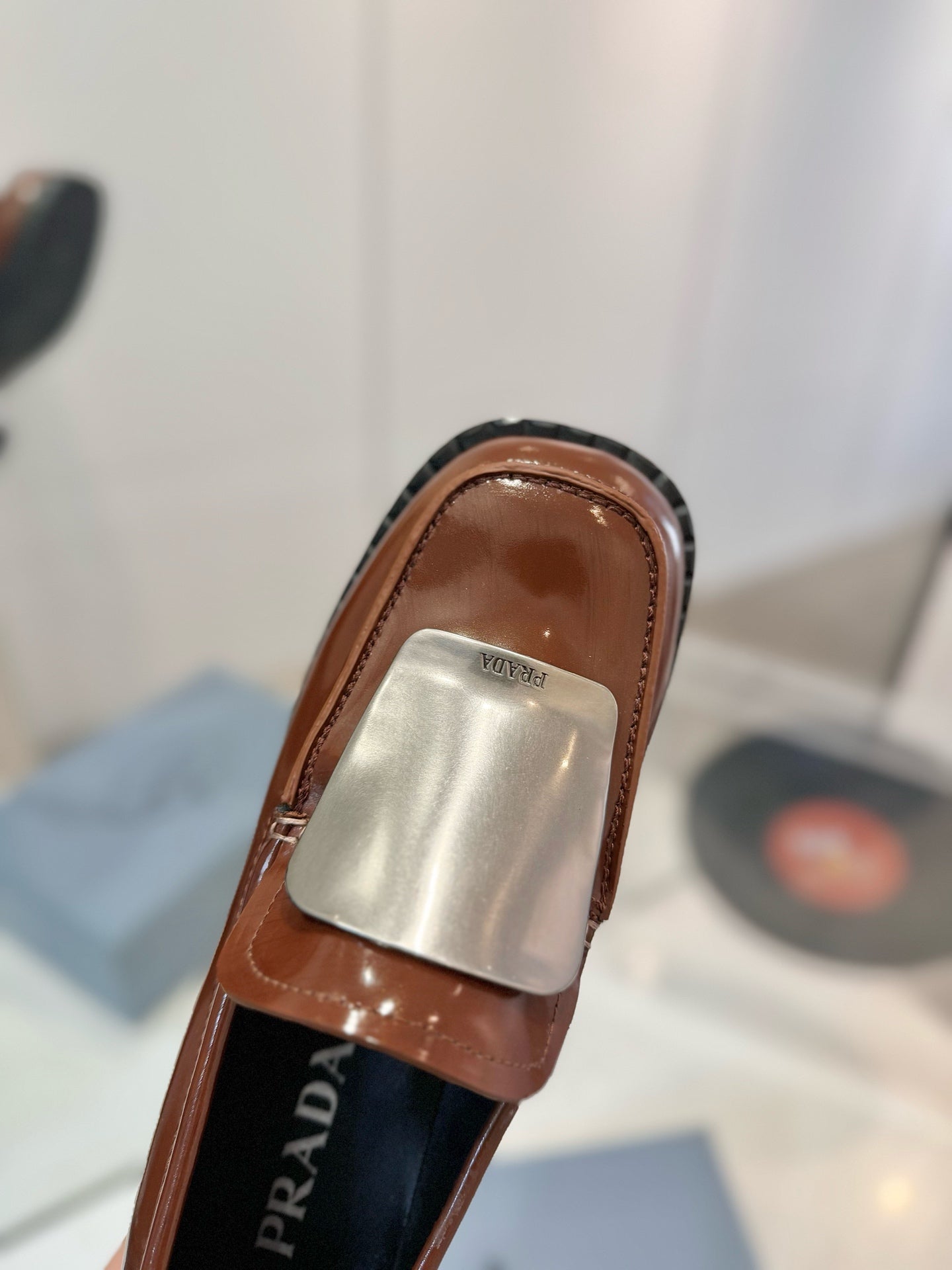 Prada 26s Metal Plate Loafers Brown Brushed Leather 941511