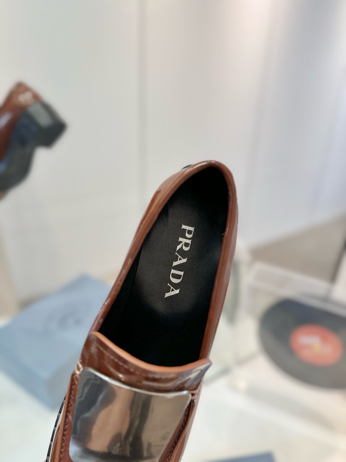 Prada 26s Metal Plate Loafers Brown Brushed Leather 941511