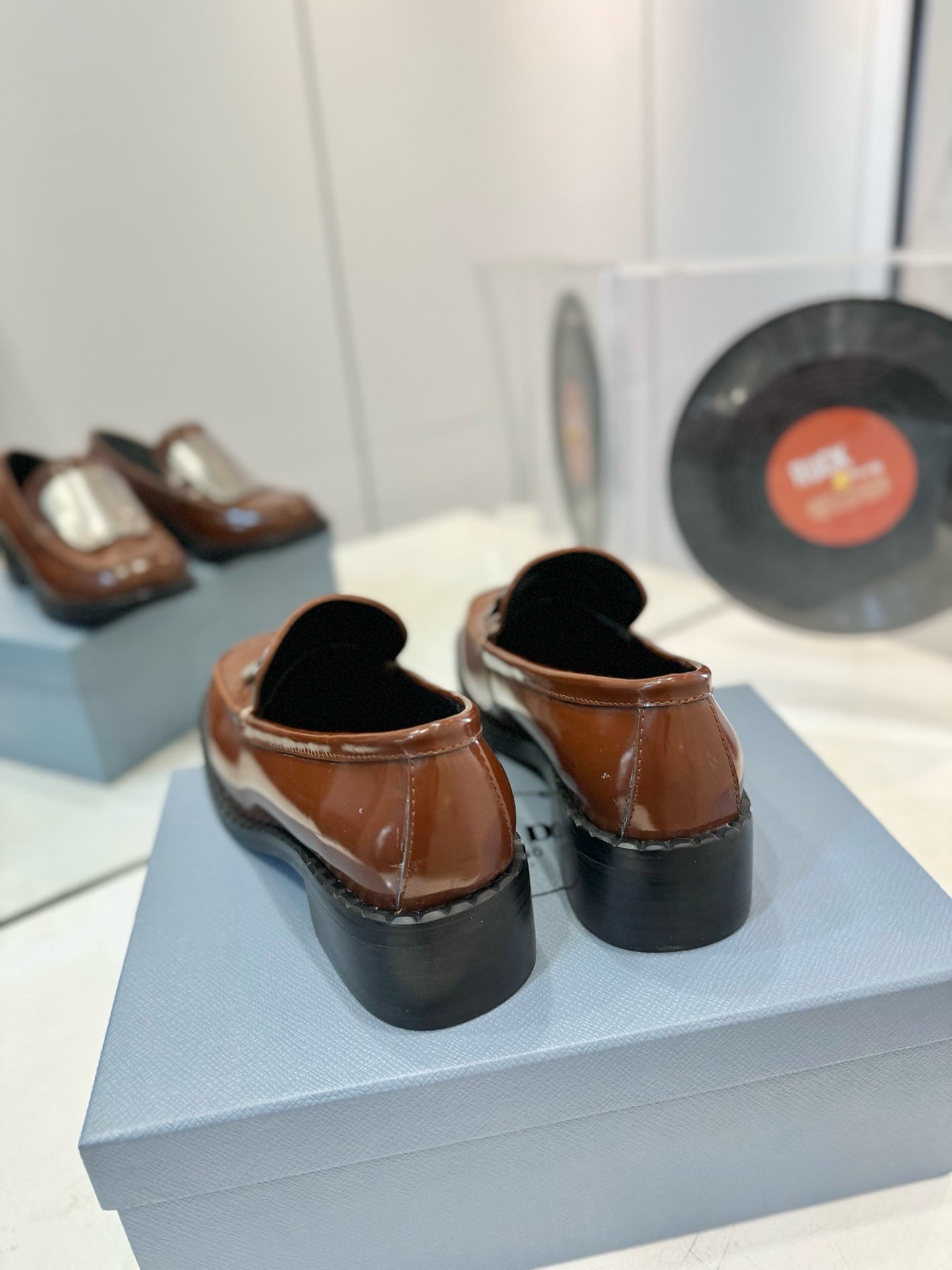 Prada 26s Metal Plate Loafers Brown Brushed Leather 941511
