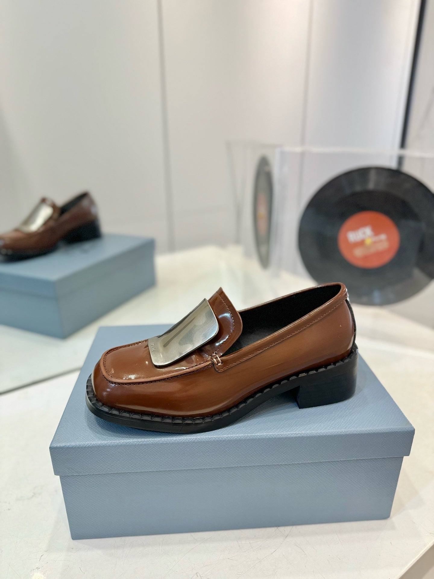 Prada 26s Metal Plate Loafers Brown Brushed Leather 941511