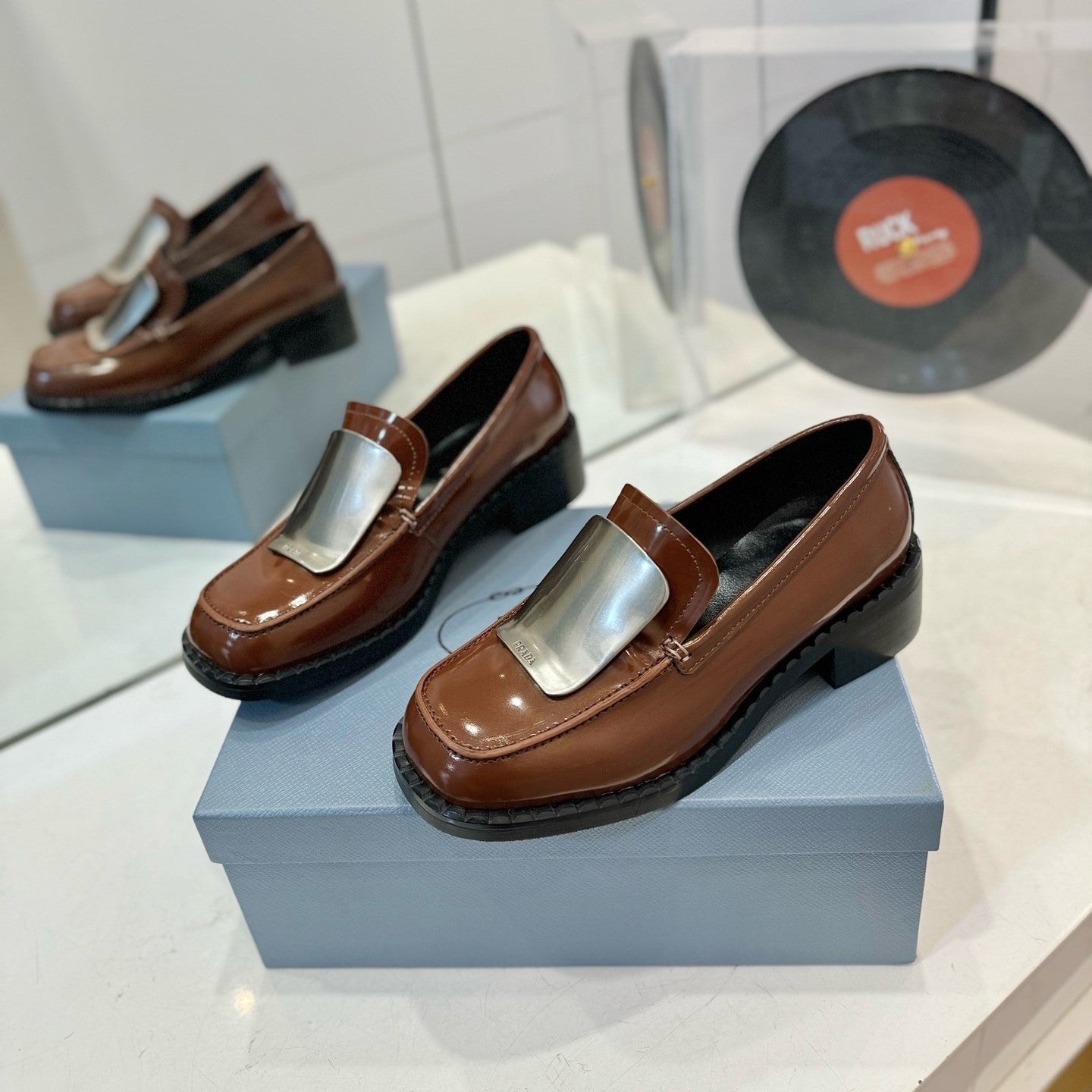 Prada 26s Metal Plate Loafers Brown Brushed Leather 941511