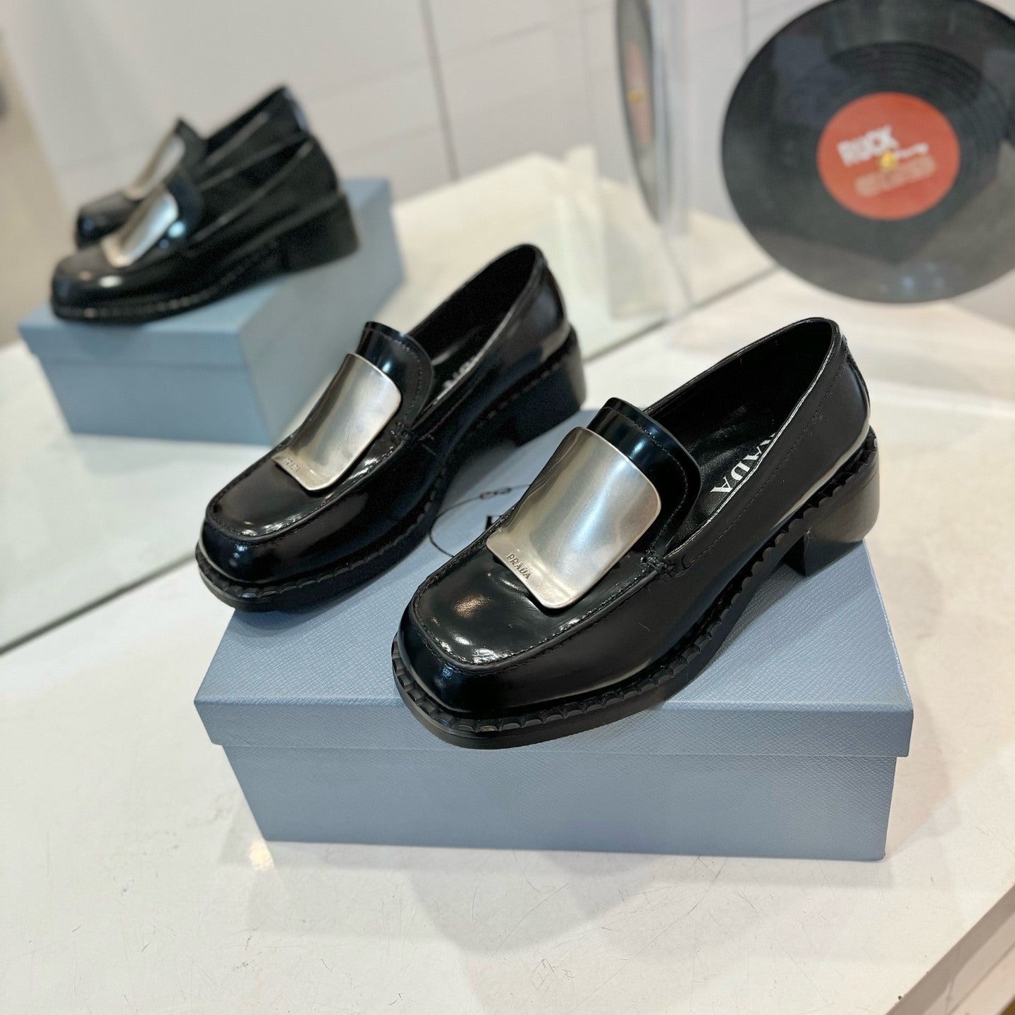Prada 26s Metal Plate Loafers Black Brushed Leather 941513