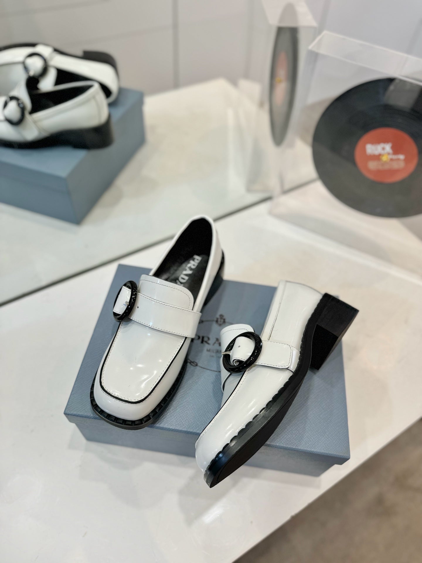Prada 26s Heeled Loafers White Brushed Leather 941517