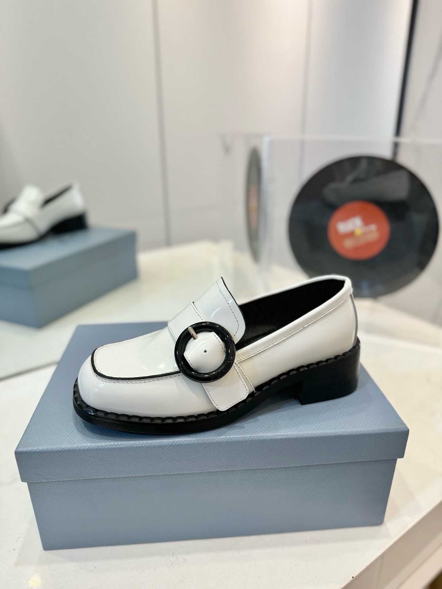 Prada 26s Heeled Loafers White Brushed Leather 941517