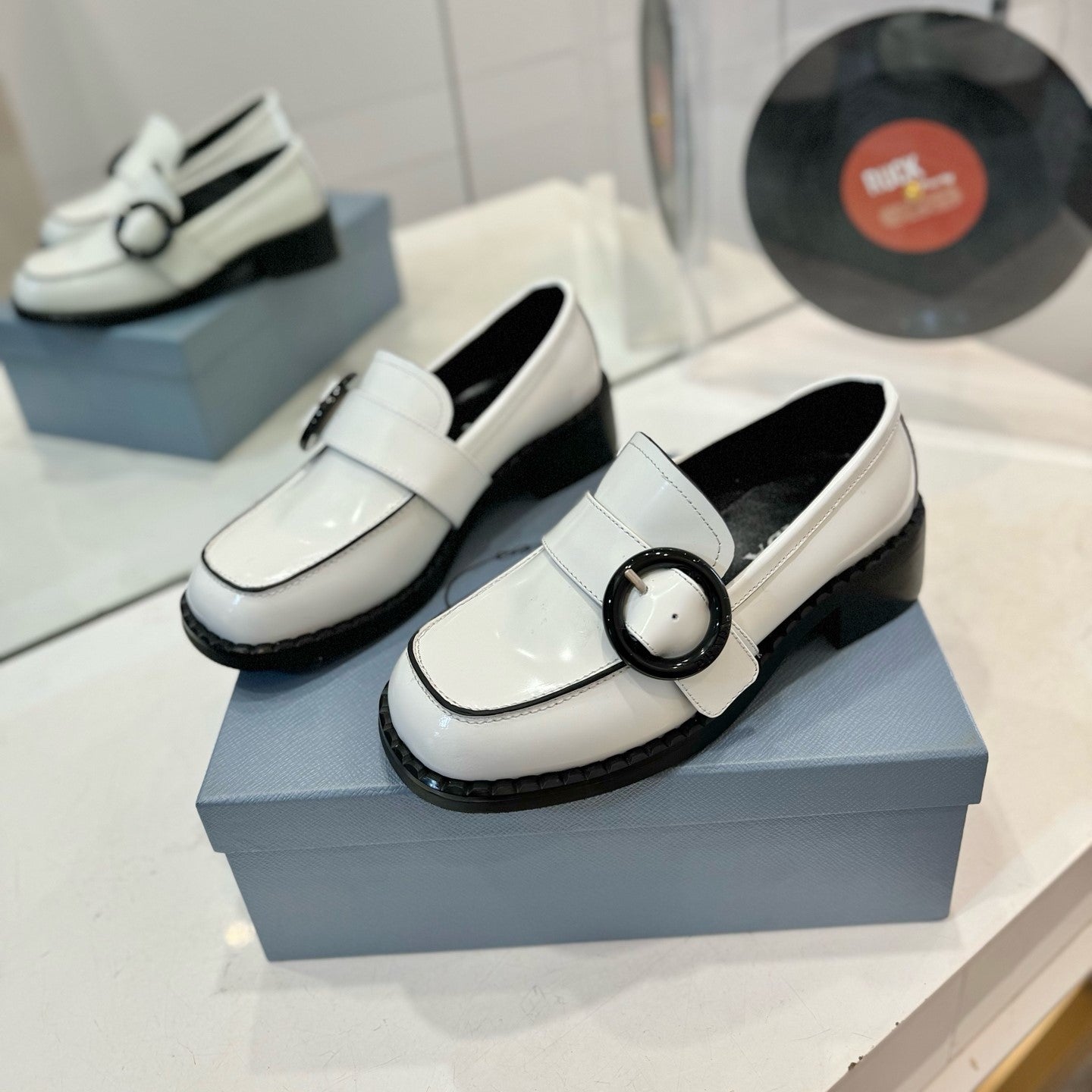 Prada 26s Heeled Loafers White Brushed Leather 941517