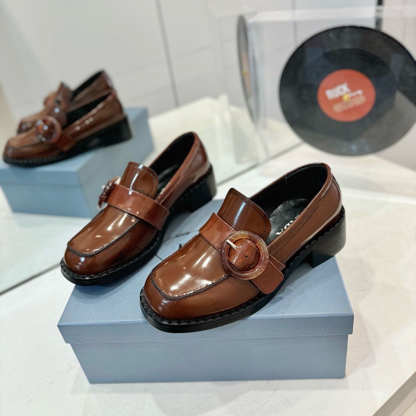 Prada 26s Heeled Loafers Brown Brushed Leather 941518